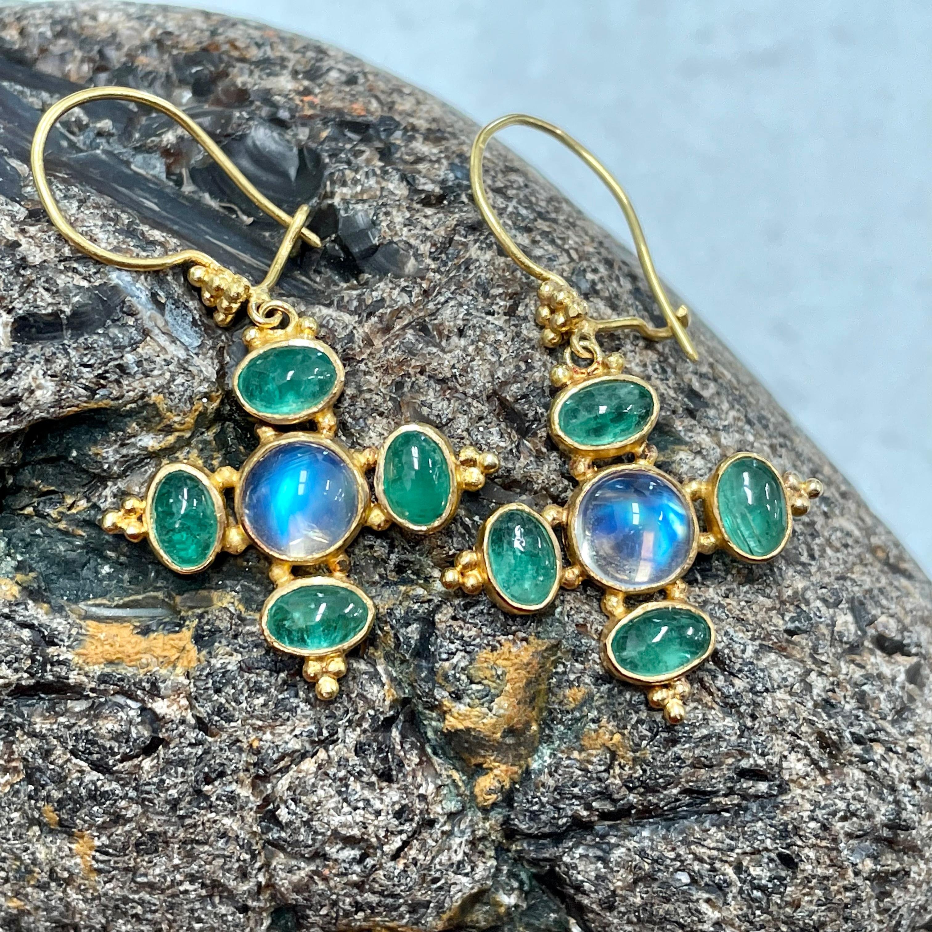 Mixed Cut Steven Battelle 6.3 Carats Emerald Rainbow Moonstone 22K Gold Wire Earrings For Sale