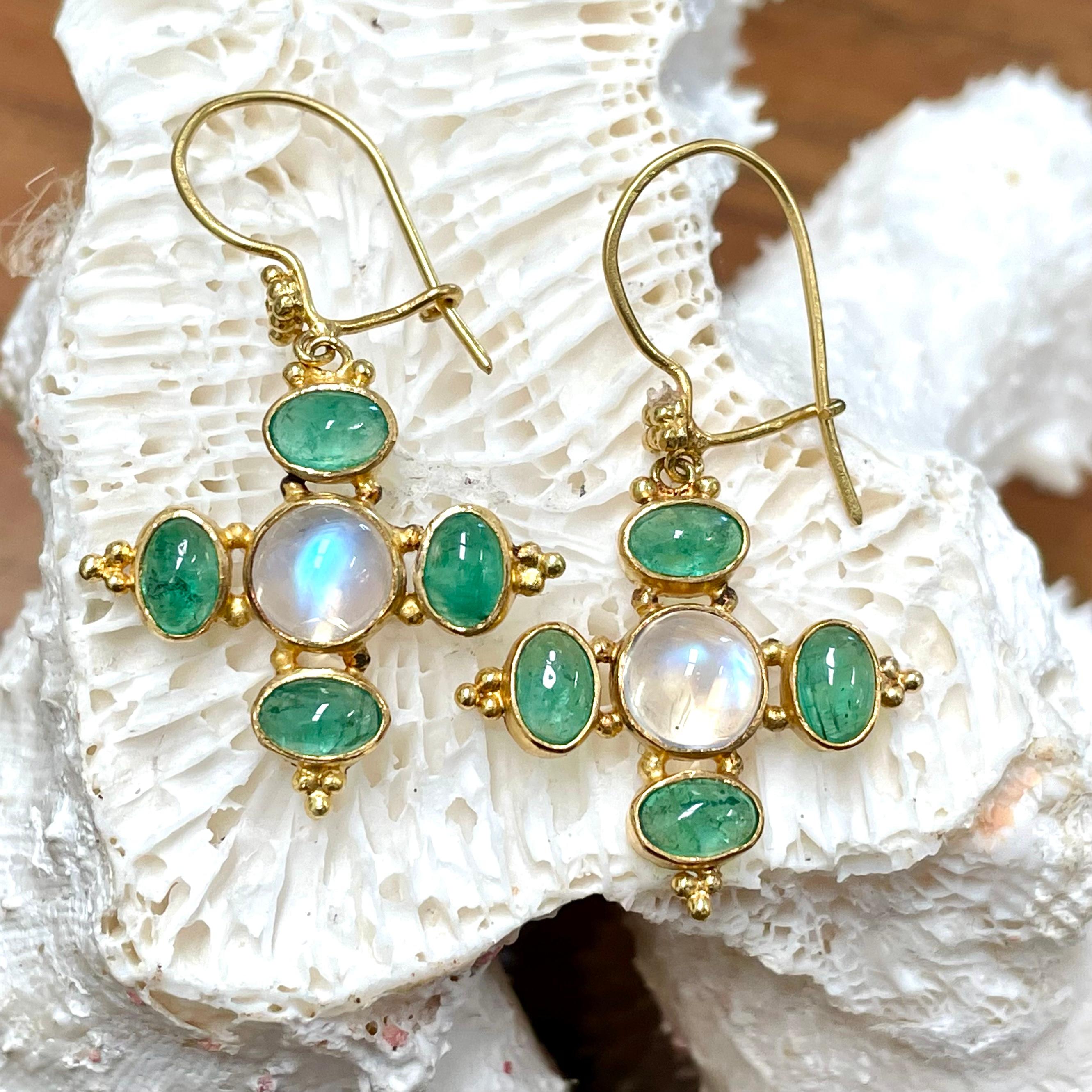 Women's Steven Battelle 6.3 Carats Emerald Rainbow Moonstone 22K Gold Wire Earrings For Sale