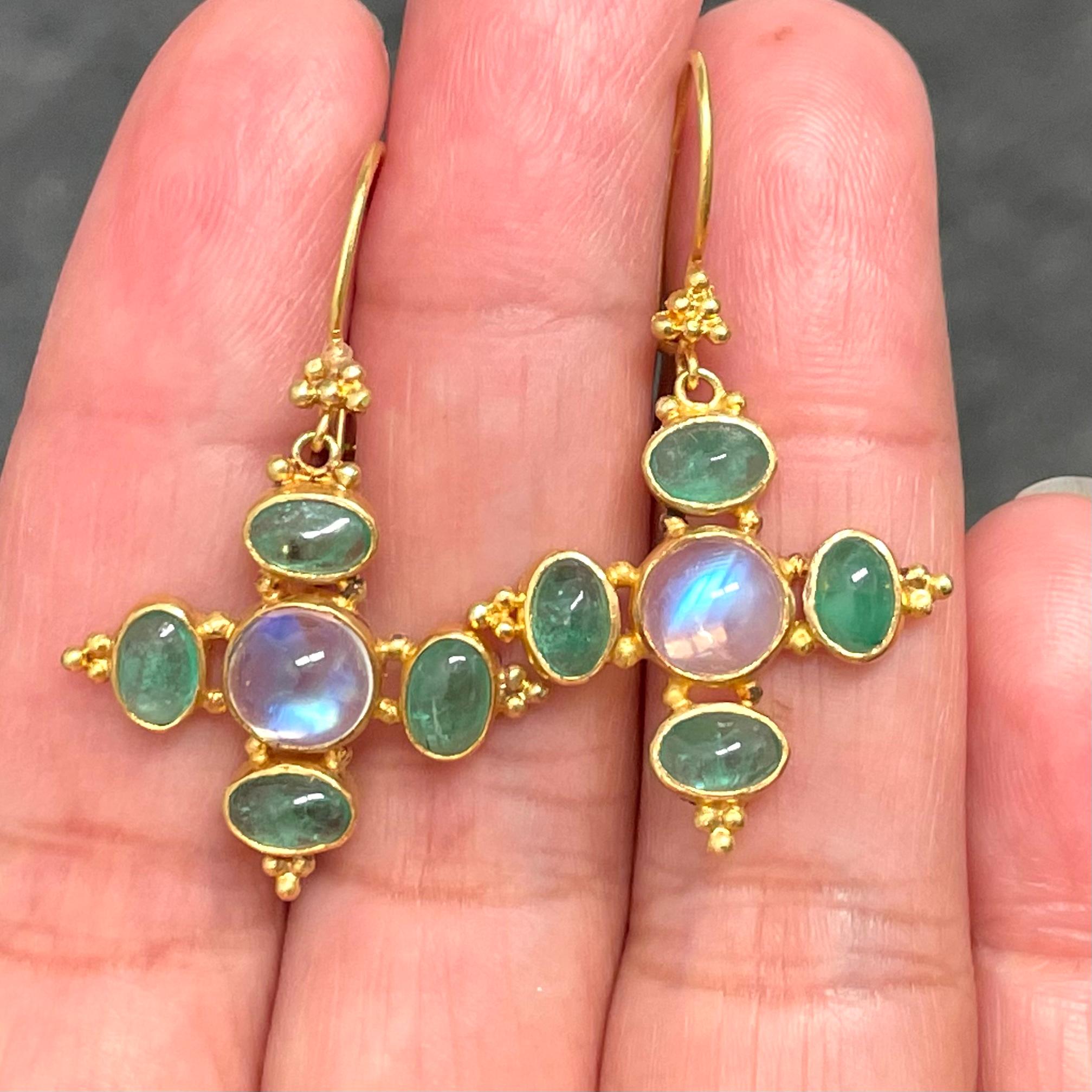 Steven Battelle 6.3 Carats Emerald Rainbow Moonstone 22K Gold Wire Earrings For Sale 1
