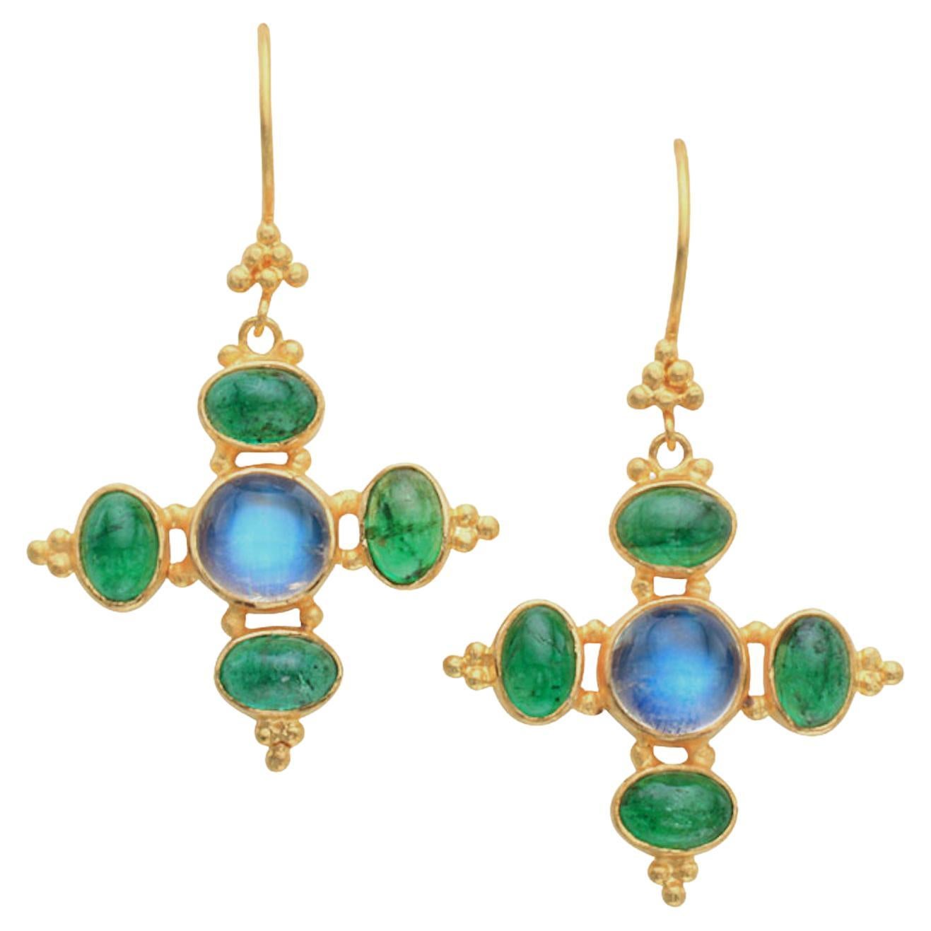 Steven Battelle 6.3 Carats Emerald Rainbow Moonstone 22K Gold Wire Earrings For Sale