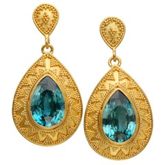Steven Battelle 6.5 Carats Blue Zircon Granulated 22K Gold Post Earrings