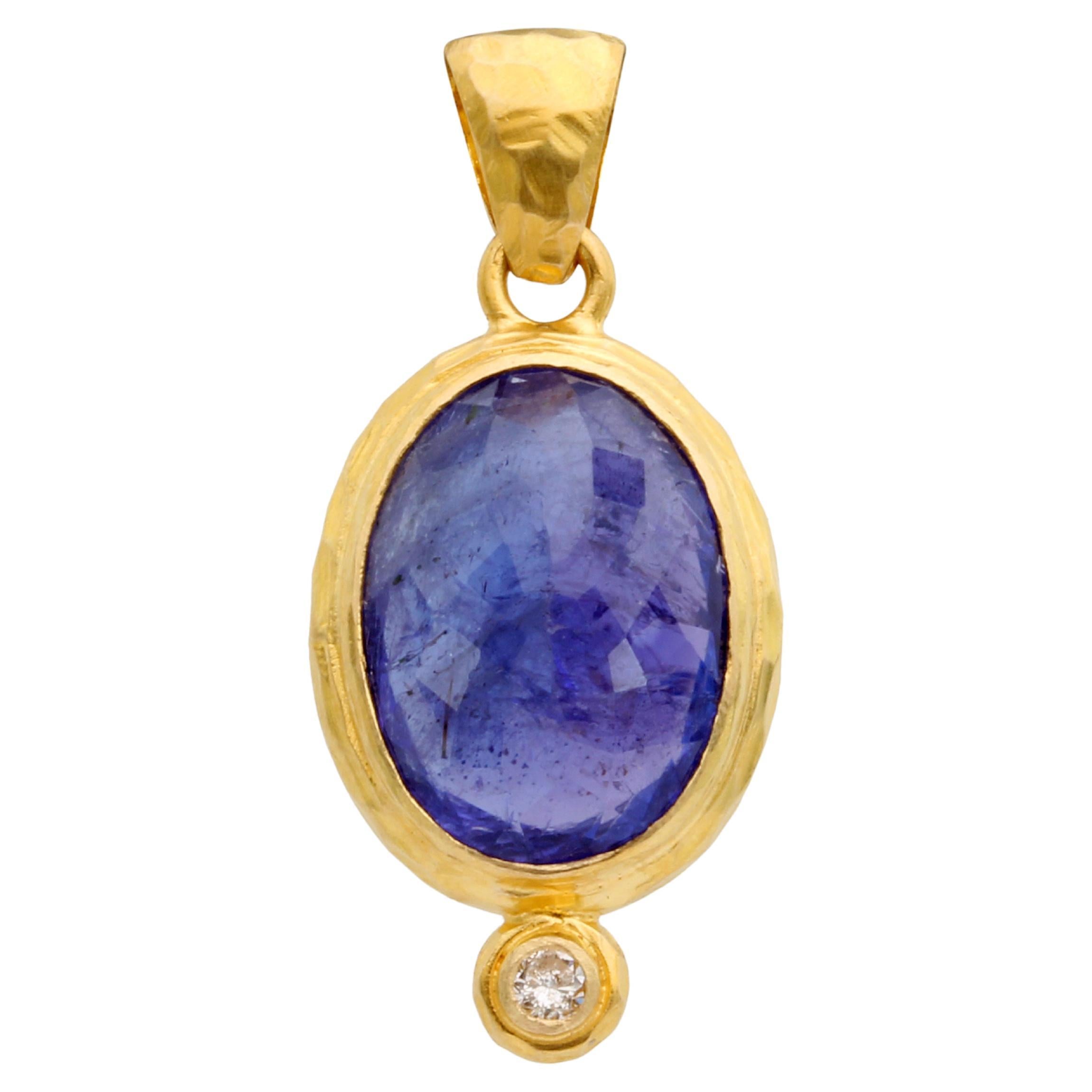 Steven Battelle 6.5 Carats Tanzanite Diamond 18K Gold Pendant For Sale