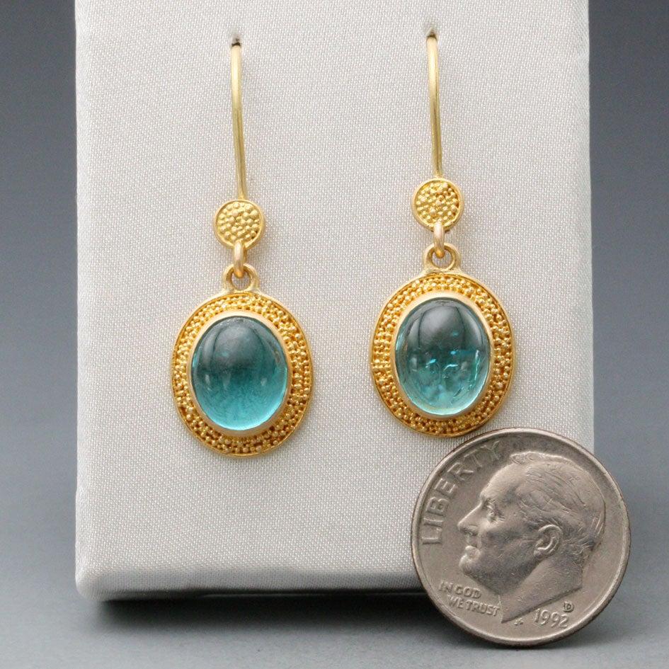 Beautifully clear Sea-Green Apatite 8x10 mm cabochons are accented with delicate fine 