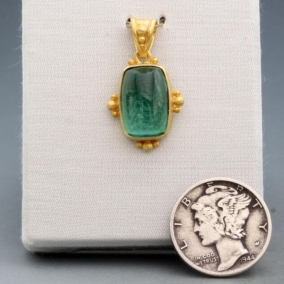 Cushion Cut Steven Battelle 6.6 Carats Green Tourmaline Cabochon 18K Gold Pendant For Sale
