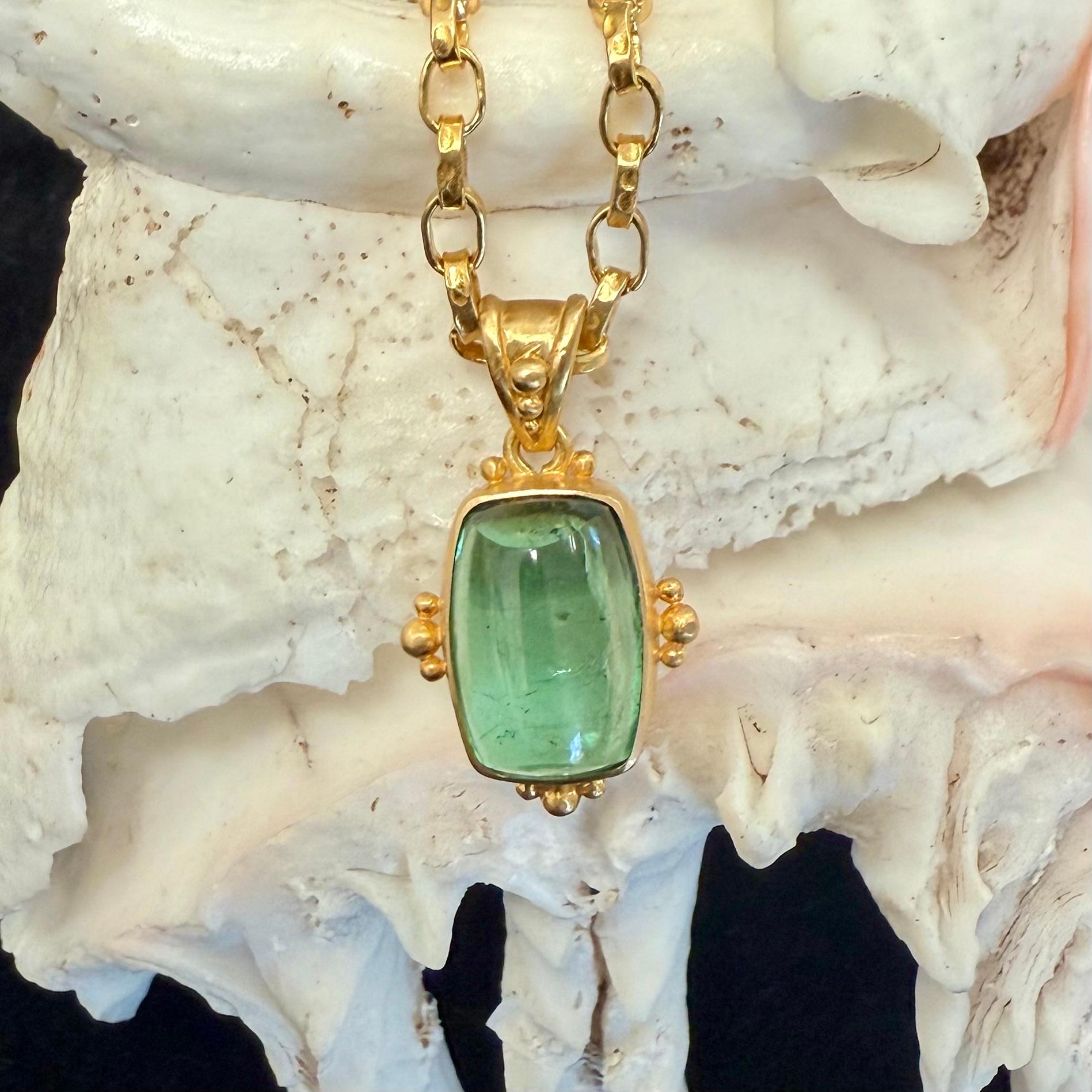 Women's Steven Battelle 6.6 Carats Green Tourmaline Cabochon 18K Gold Pendant For Sale