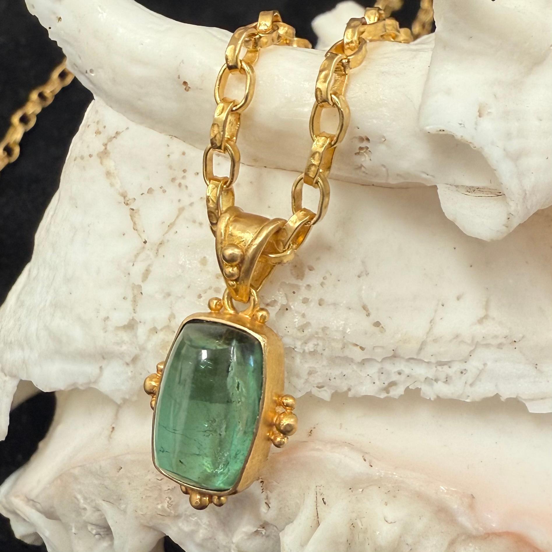 Steven Battelle 6.6 Carats Green Tourmaline Cabochon 18K Gold Pendant For Sale 1