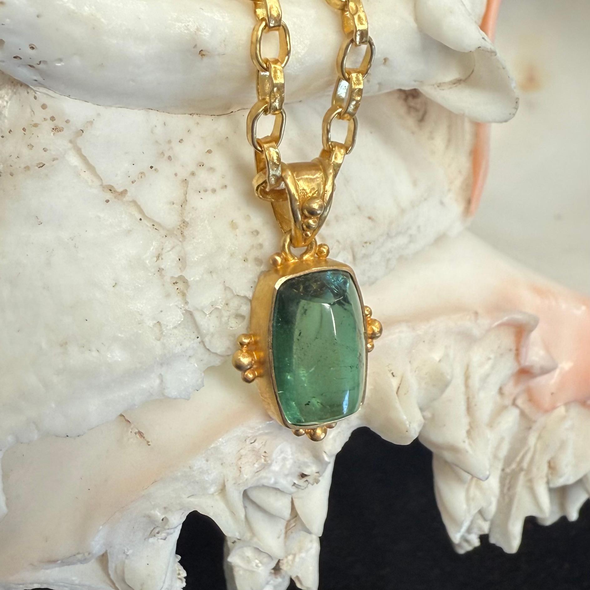 Steven Battelle 6.6 Carats Green Tourmaline Cabochon 18K Gold Pendant For Sale 2
