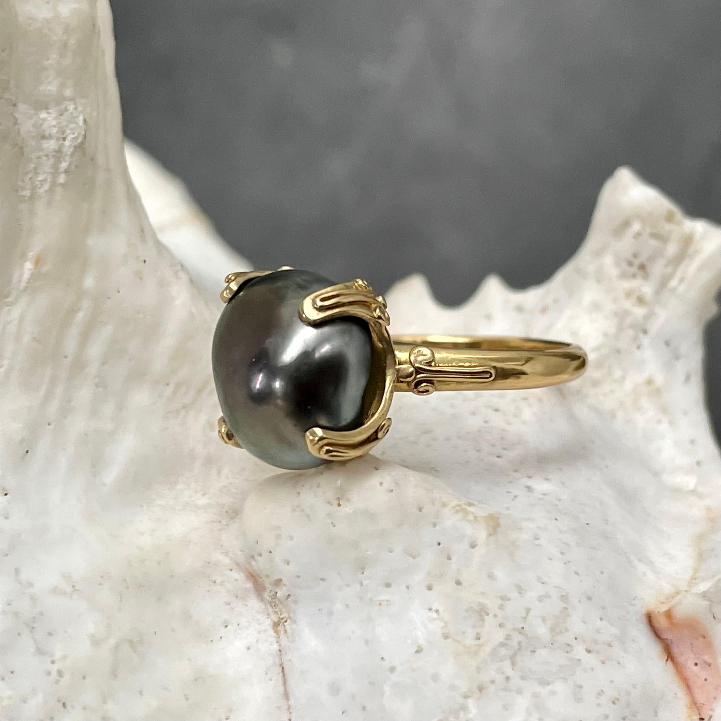 Steven Battelle 6.8 Carat Black South Sea Pearl Ring 18K Gold For Sale 4