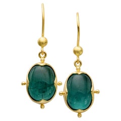 Steven Battelle 7.0 Carats Cabochon Blue Tourmaline 18K Gold Wire Earrings