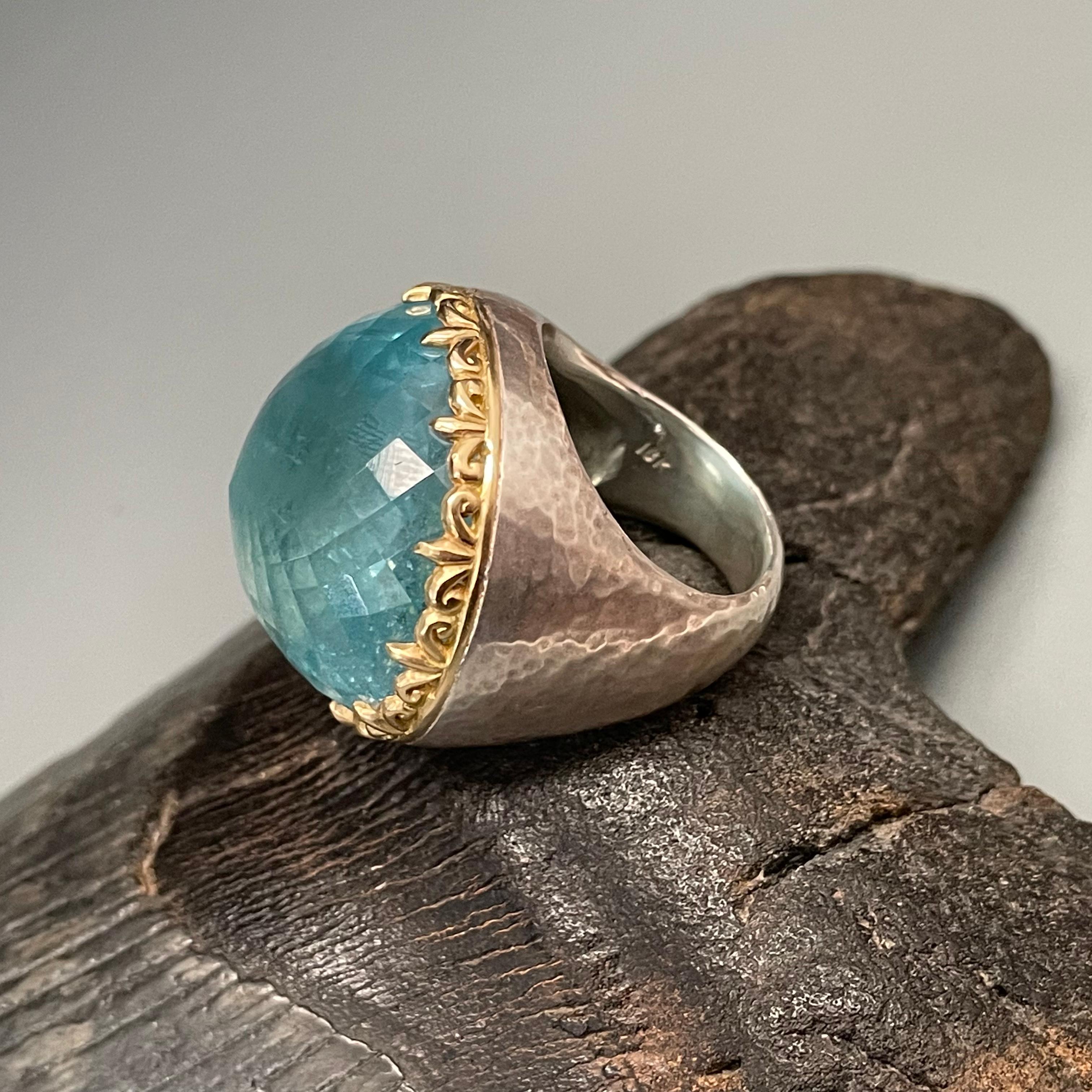 Steven Battelle 70.0 Carat Aquamarine Silver 18K Gold Ring In New Condition In Soquel, CA