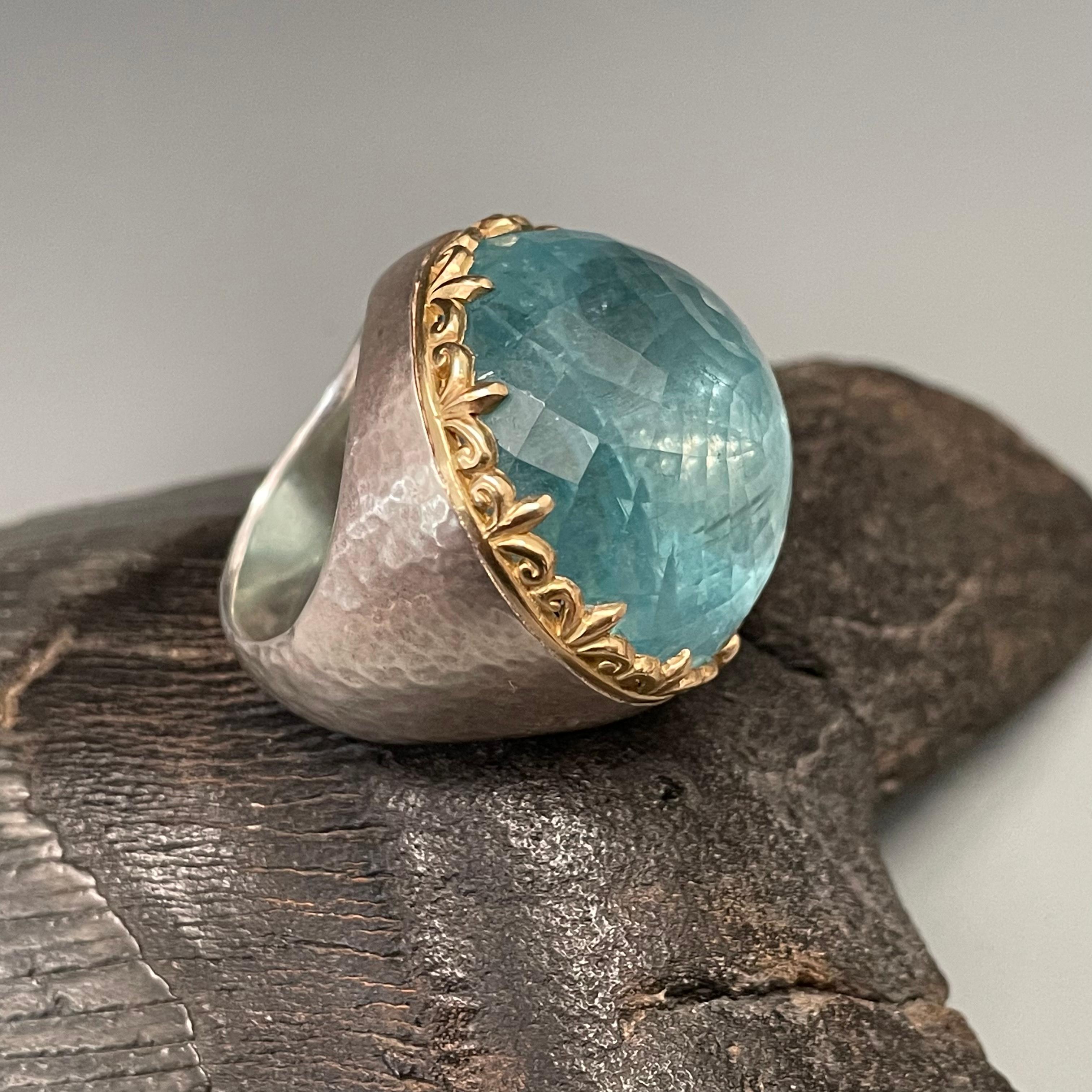Steven Battelle 70.0 Carat Aquamarine Silver 18K Gold Ring 1