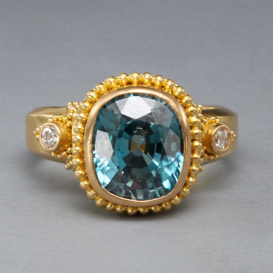 Steven Battelle 7,2 Karat Blauer Zirkon-Diamant-Ring aus 22 Karat Gold (Rosenschliff) im Angebot