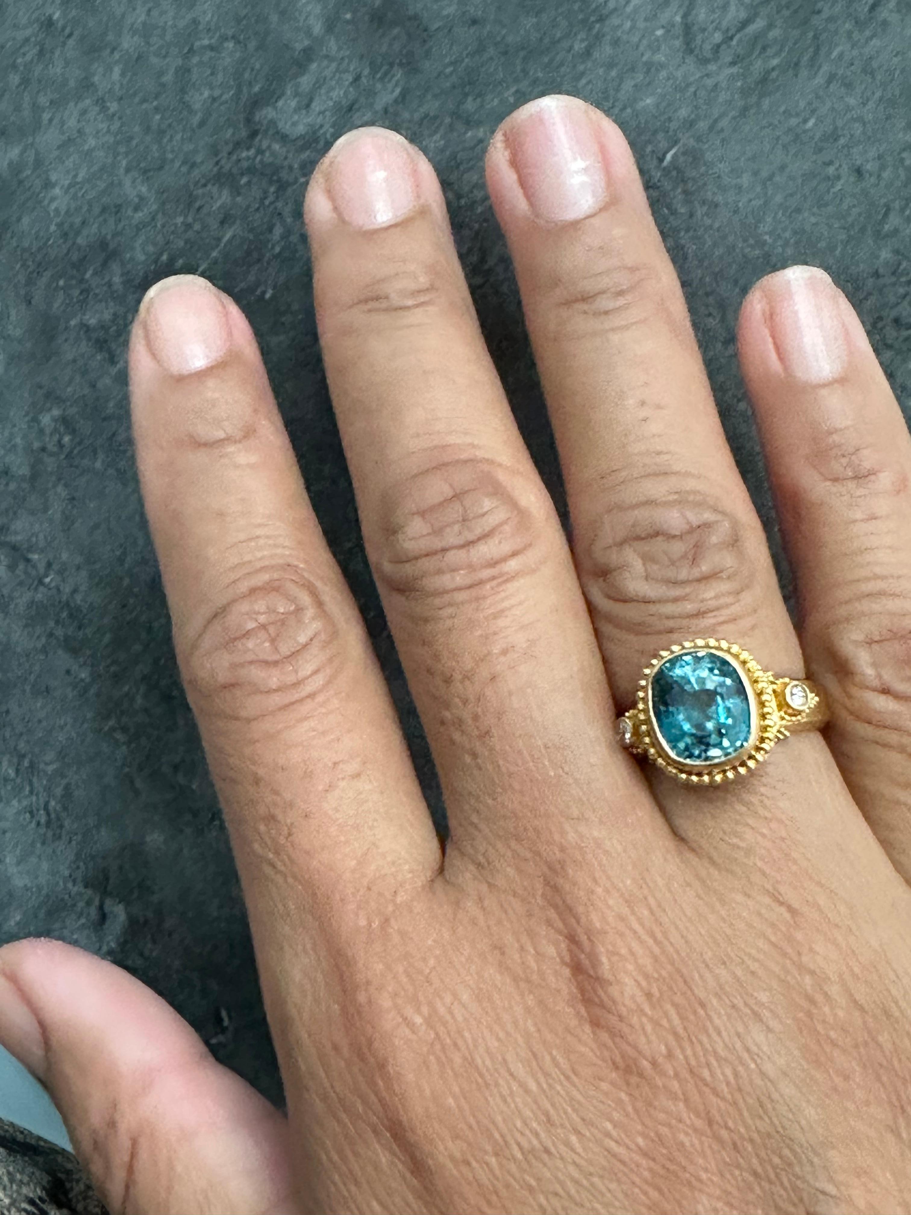 Rose Cut Steven Battelle 7.2 Carats Blue Zircon Diamonds 22k Gold Ring For Sale