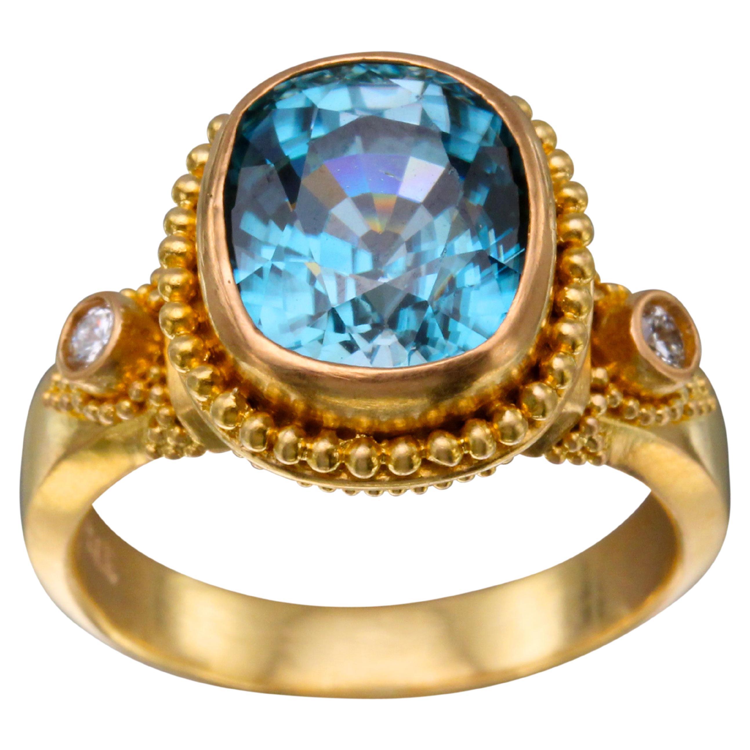 Steven Battelle 7.2 Carats Blue Zircon Diamonds 22k Gold Ring For Sale