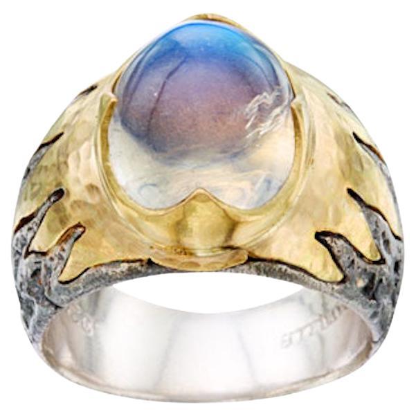Steven Battelle 7.2 Carats Rainbow Moonstone Oxidized Silver and 18k Gold Ring For Sale