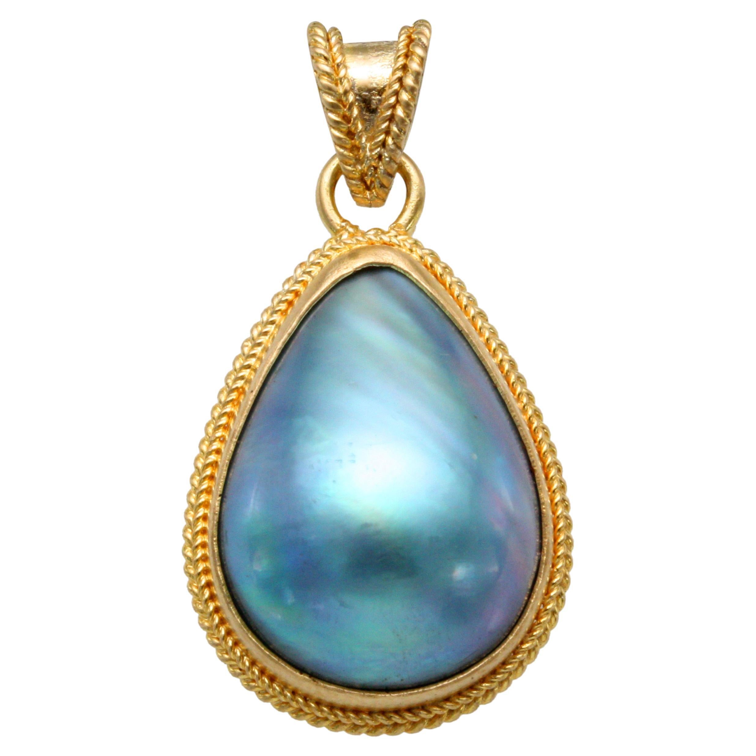 Steven Battelle 7.4 Carat Blue Mabe Shell Pendant 18K Gold