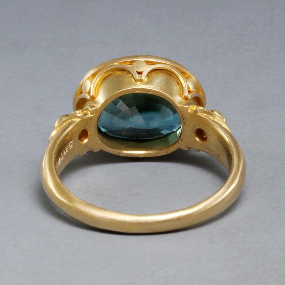 Rose Cut Steven Battelle 7.4 Carats Blue Zircon Diamonds 18K Gold Ring For Sale