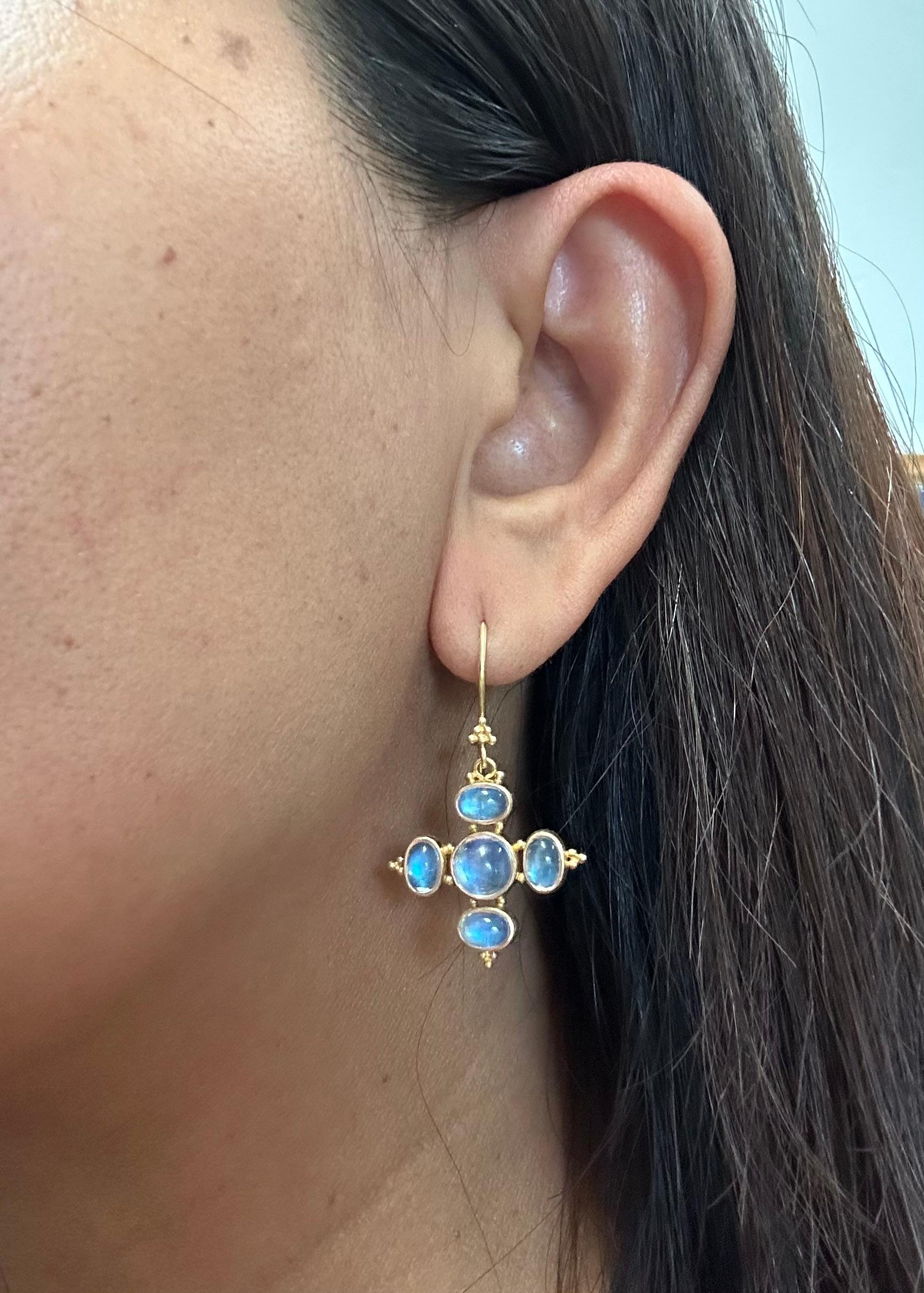 Steven Battelle 7.5 Carats Multi-Stone Rainbow Moonstone 22K Gold Wire Earrings In New Condition For Sale In Soquel, CA