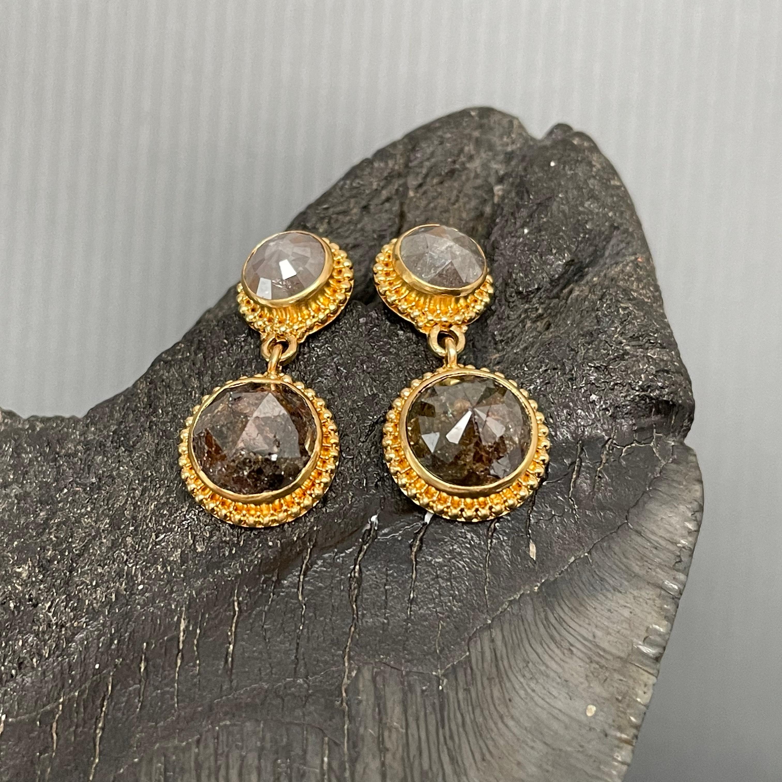 Contemporary Steven Battelle 7.5 Carats Rose Cut Diamond 22K Gold Post Earrings  For Sale