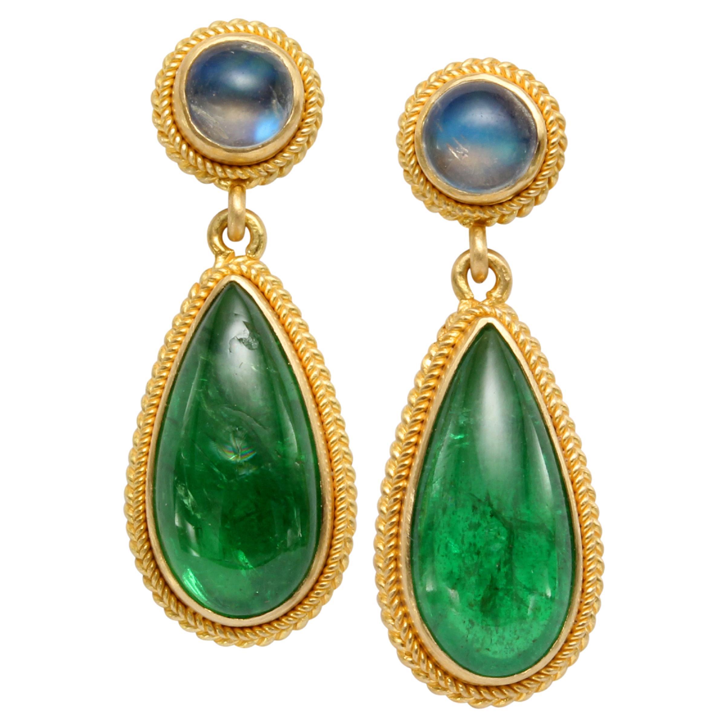 Steven Battelle 7.6 Carats Tsavorite Rainbow Moonstone 18K Gold Post Earrings For Sale
