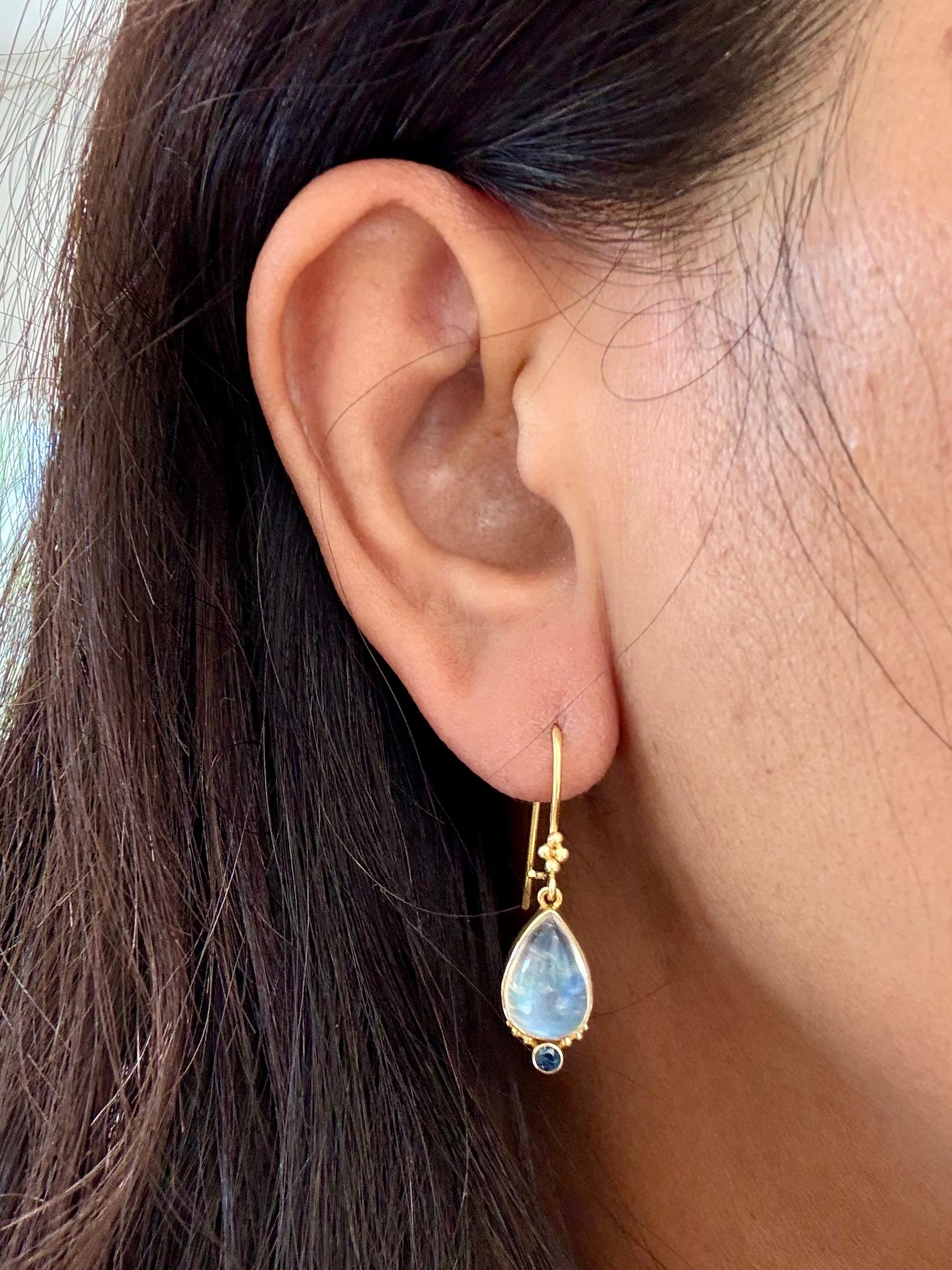 Cabochon Steven Battelle 7.7 Carats Rainbow Moonstone Blue Sapphire 18K Gold Earrings For Sale