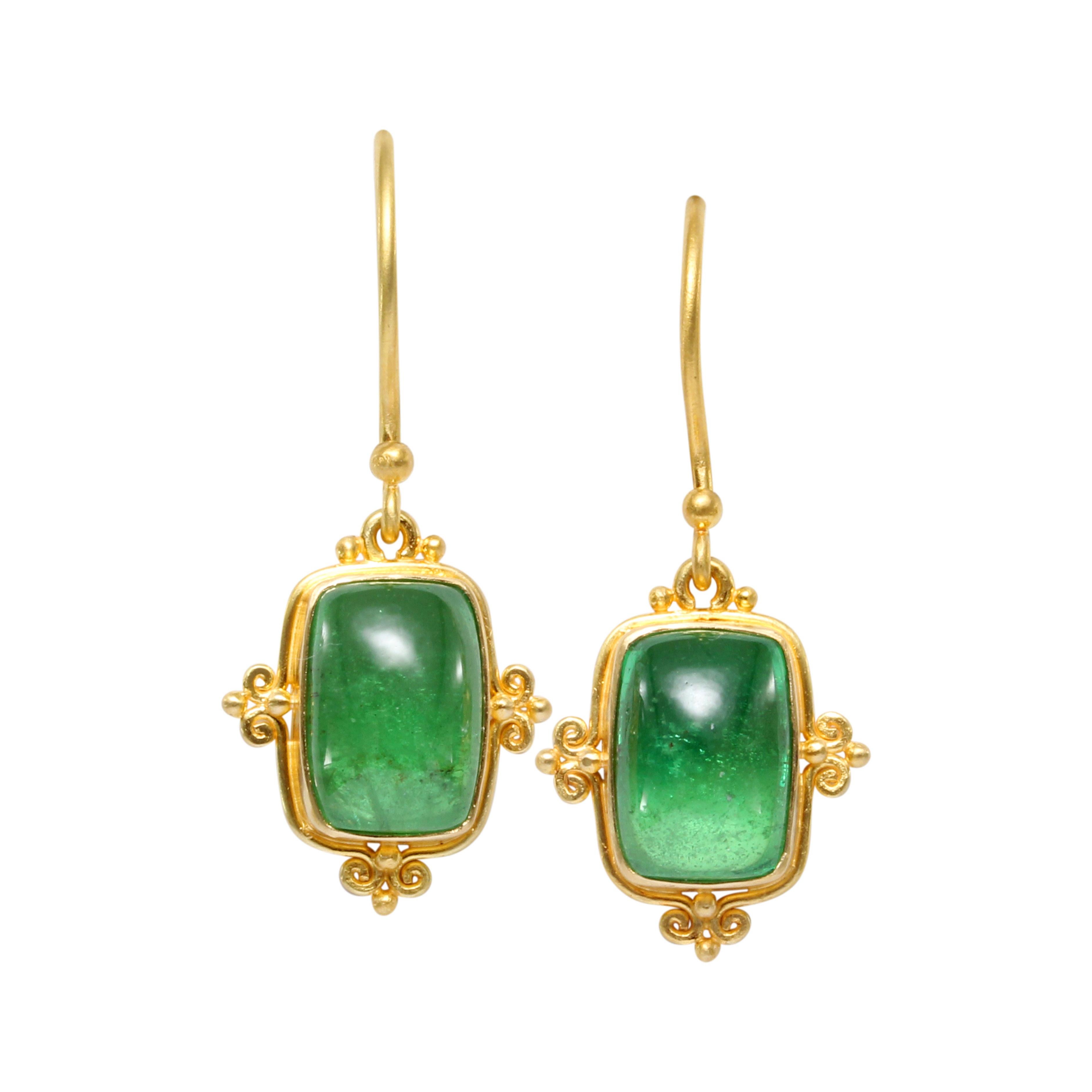 Contemporary Steven Battelle 7.7 Carats Tsavorite Cabochon 18K Gold Wire Earrings For Sale