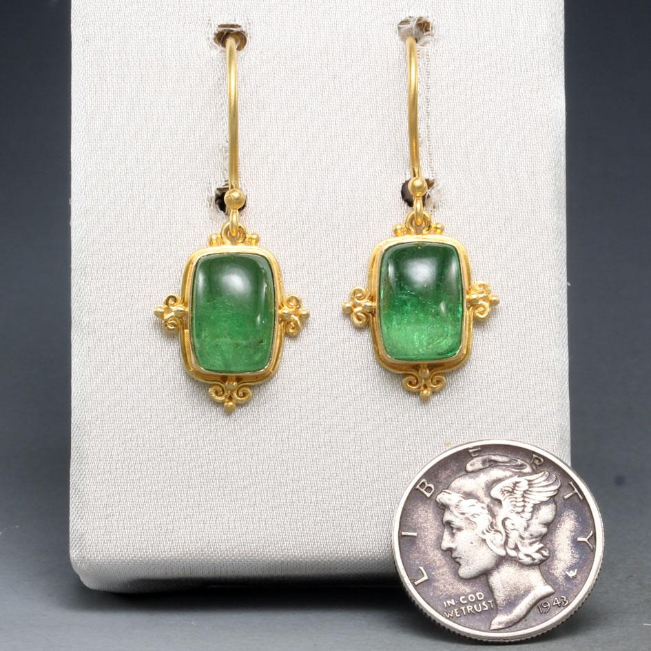 Steven Battelle 7.7 Carats Tsavorite Cabochon 18K Gold Wire Earrings For Sale 1