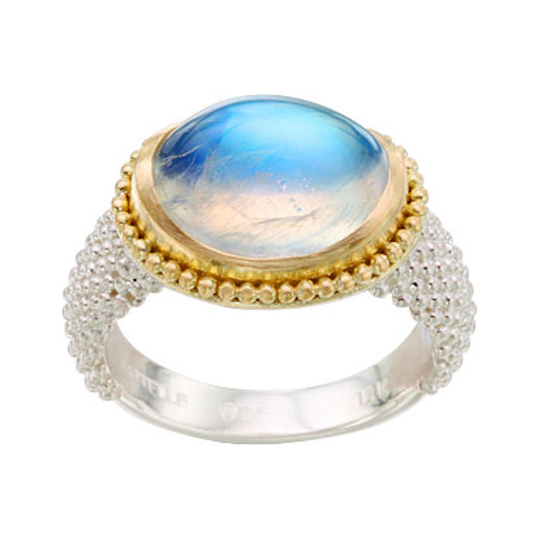 Steven Battelle 7,8 Karat Regenbogen Mondstein 18K Gold / Sterling Ring (Cabochon) im Angebot