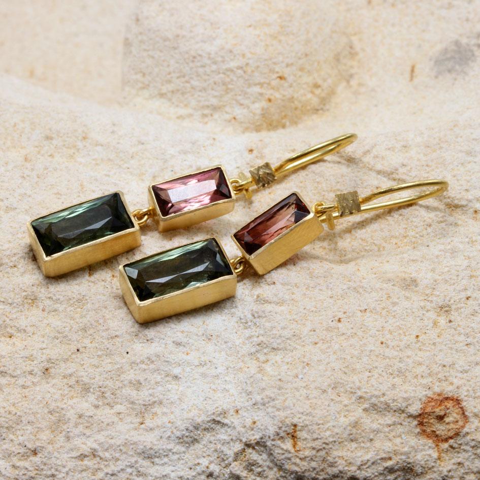 Baguette Cut Steven Battelle 7.9 Carats Pink And Green Tourmaline 18K Gold Earrings For Sale
