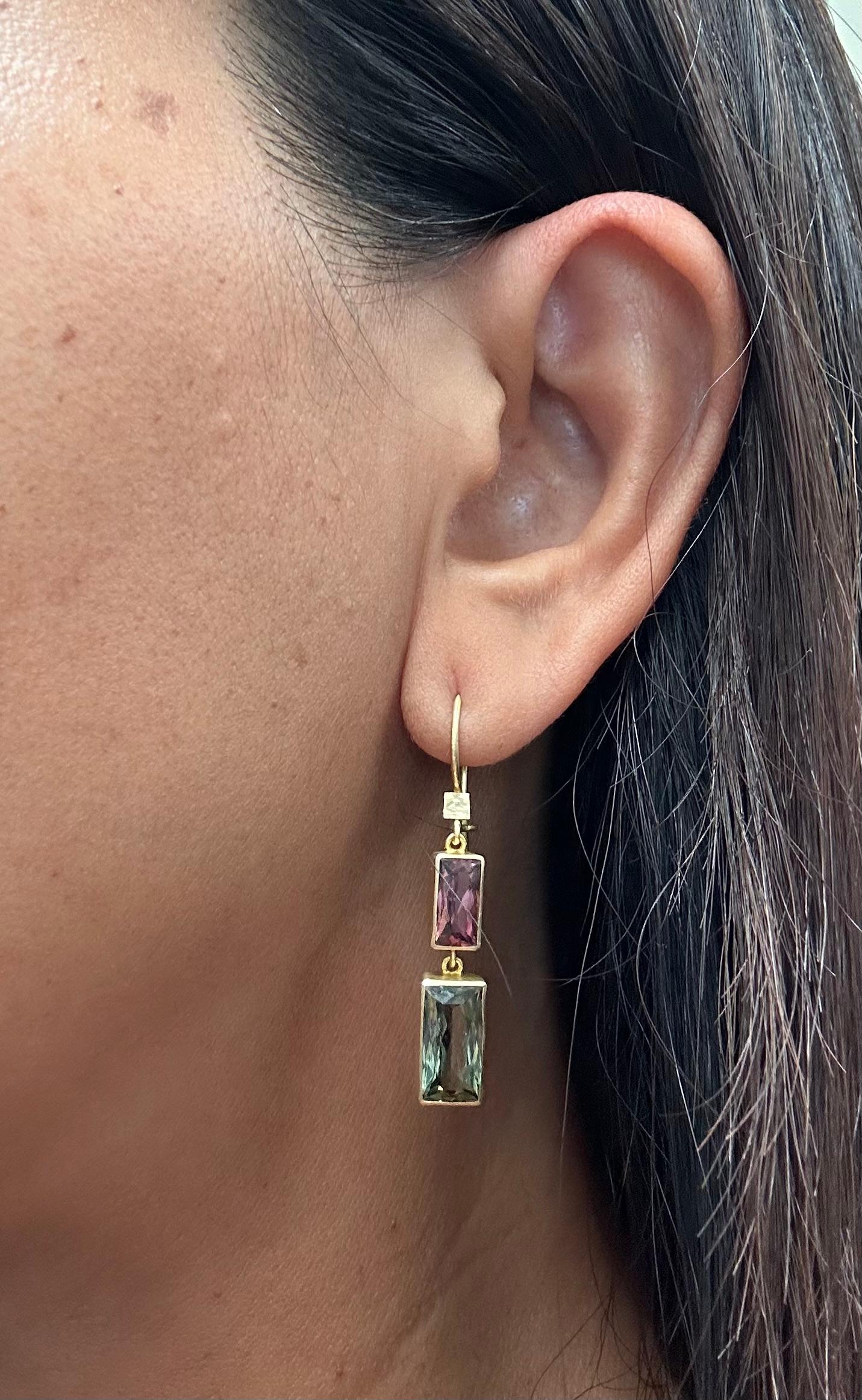 Steven Battelle 7.9 Carats Pink And Green Tourmaline 18K Gold Earrings For Sale 3