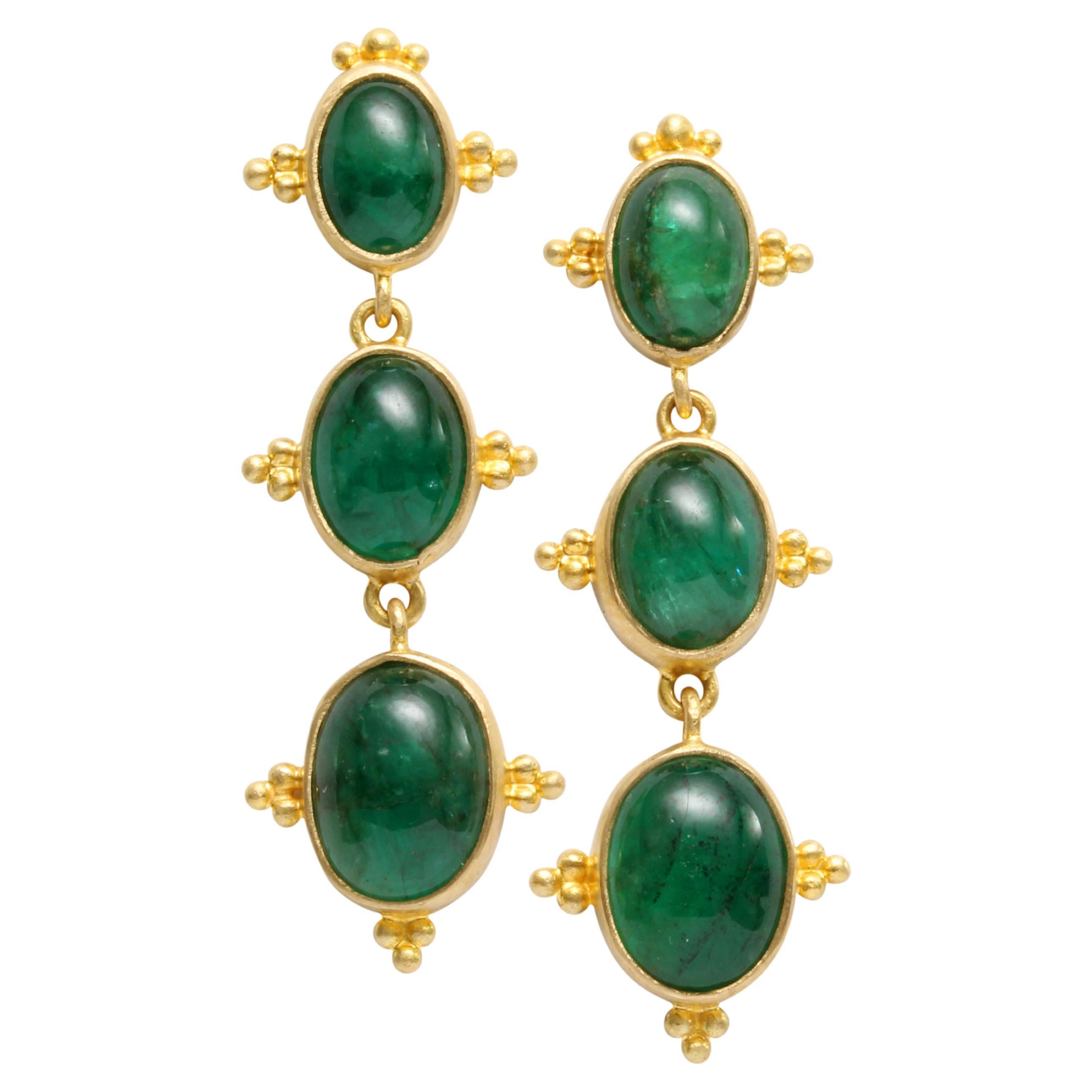 Steven Battelle 8.1 Carats Cabochon Emerald 18K Gold Post Earrings For Sale