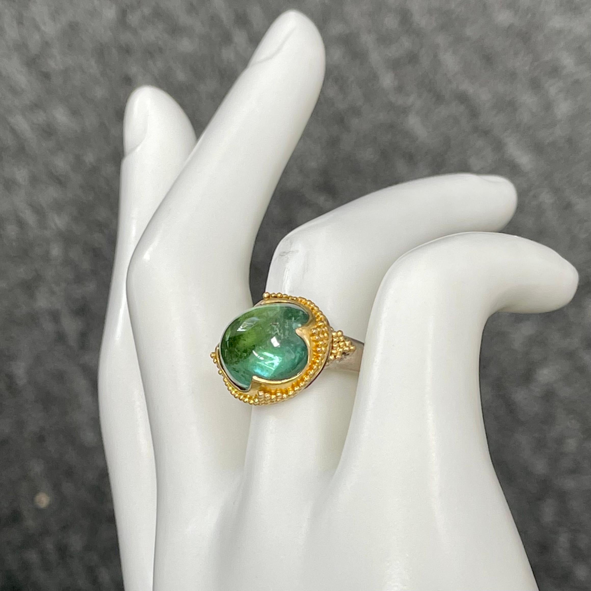 Steven Battelle 8.2 Carats Green Tourmaline Granulated 22K Gold Silver Ring In New Condition For Sale In Soquel, CA