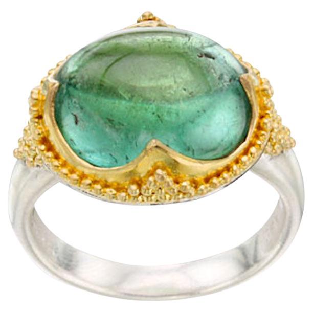 Steven Battelle, bague en argent et or 22 carats avec tourmaline verte granulée de 8,2 carats