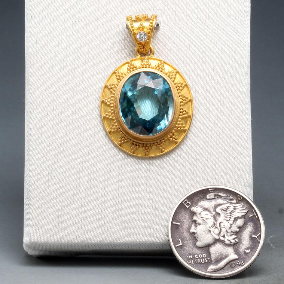 Rose Cut Steven Battelle 8.3 Carats Blue Zircon Diamond Granulated 22K Gold Pendant  For Sale