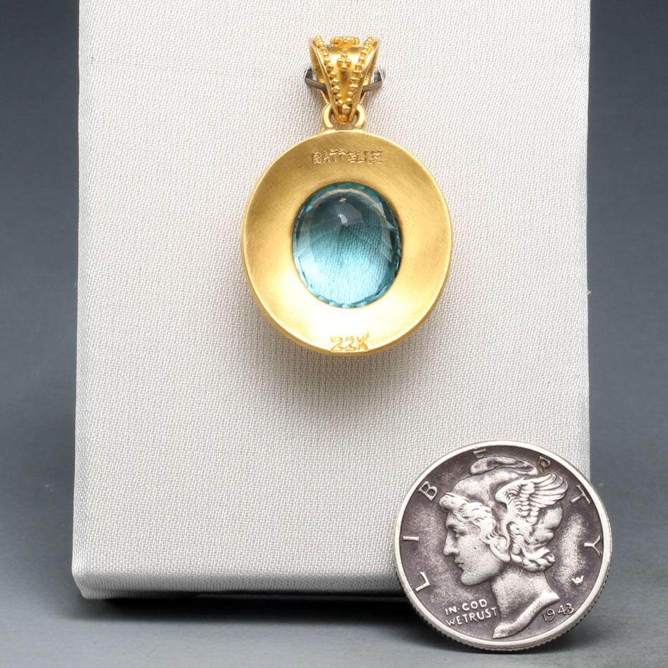 Steven Battelle 8.3 Carats Blue Zircon Diamond Granulated 22K Gold Pendant  In New Condition For Sale In Soquel, CA