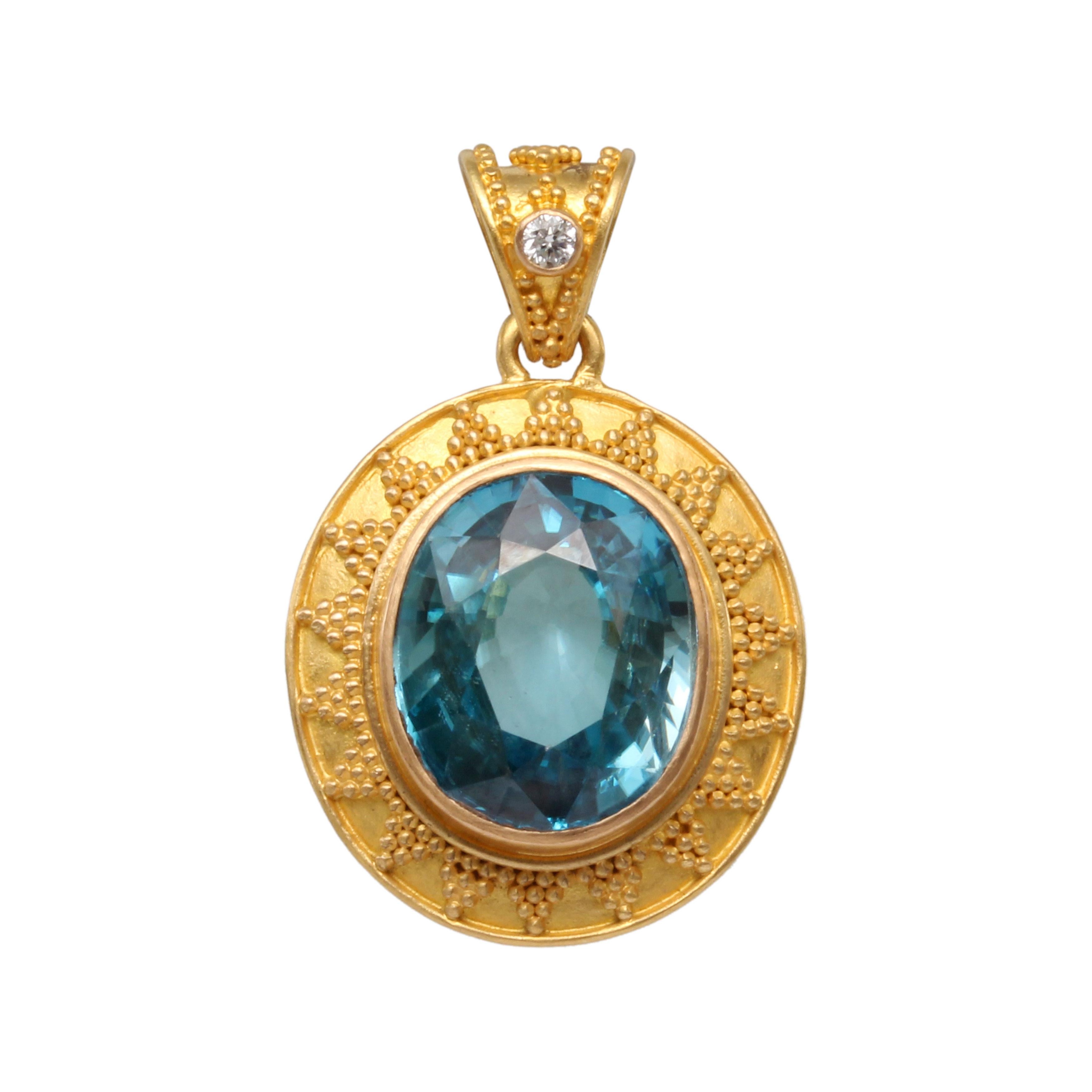 Women's or Men's Steven Battelle 8.3 Carats Blue Zircon Diamond Granulated 22K Gold Pendant  For Sale