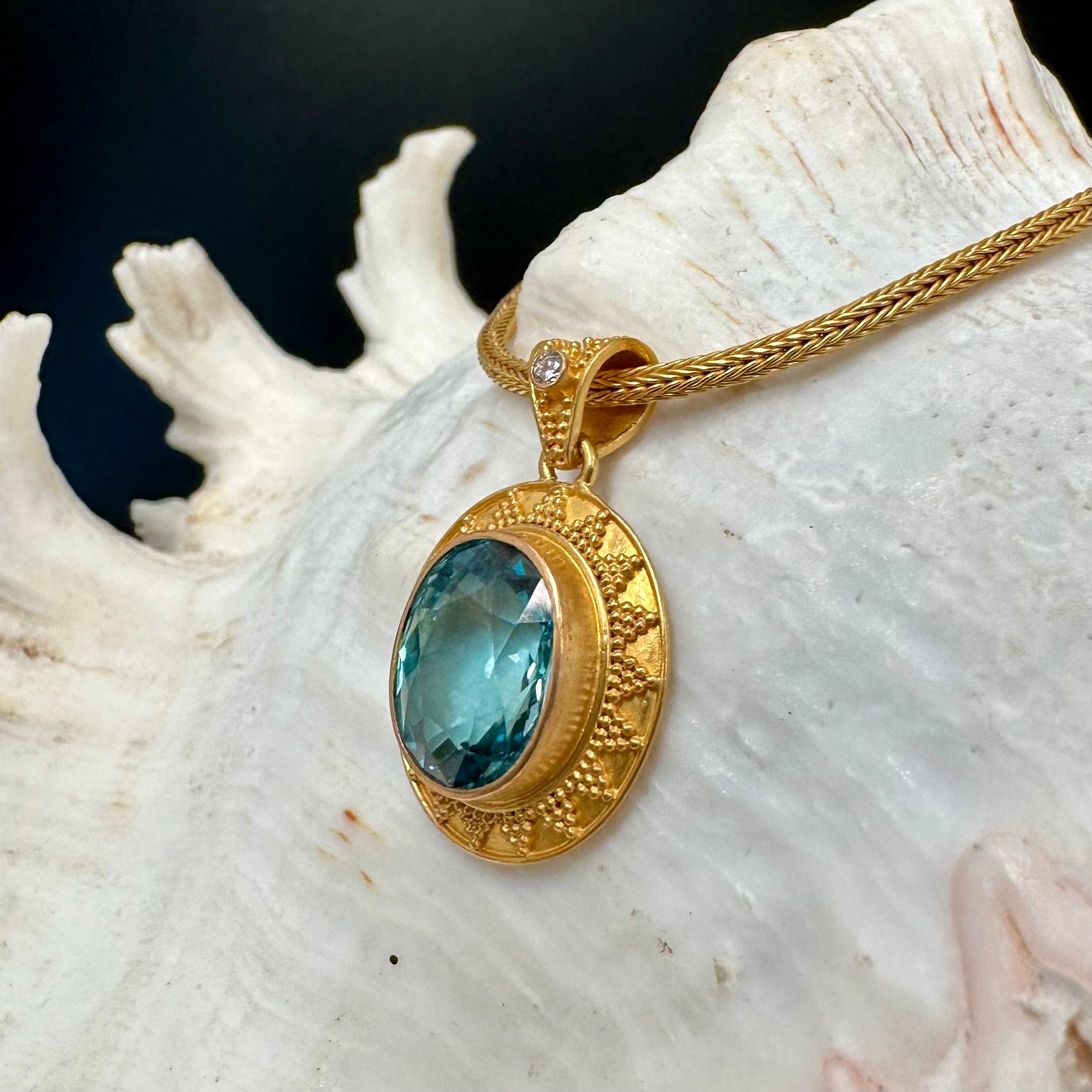 Steven Battelle 8.3 Carats Blue Zircon Diamond Granulated 22K Gold Pendant  For Sale 3