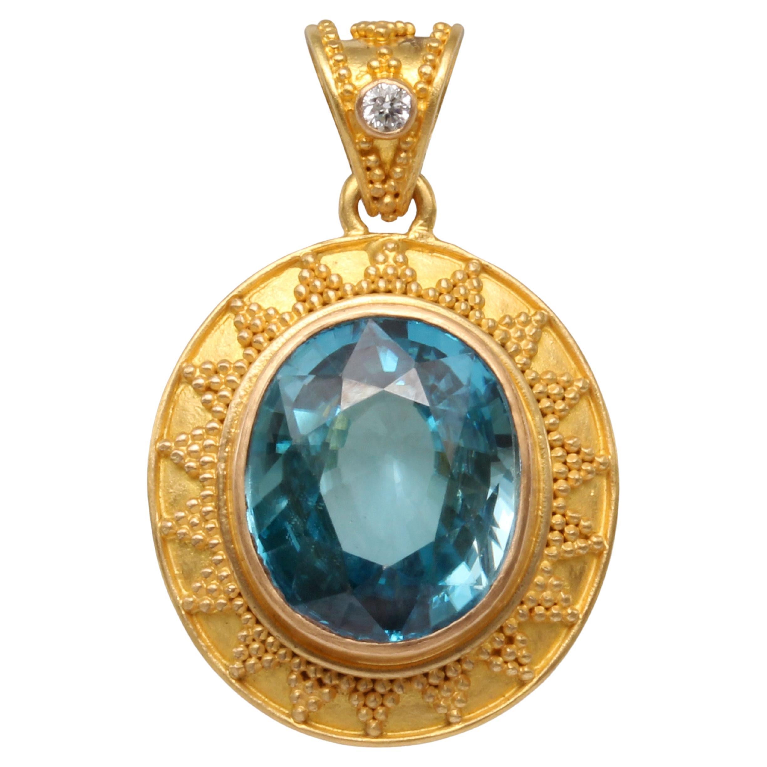 Steven Battelle 8.3 Carats Blue Zircon Diamond Granulated 22K Gold Pendant  For Sale