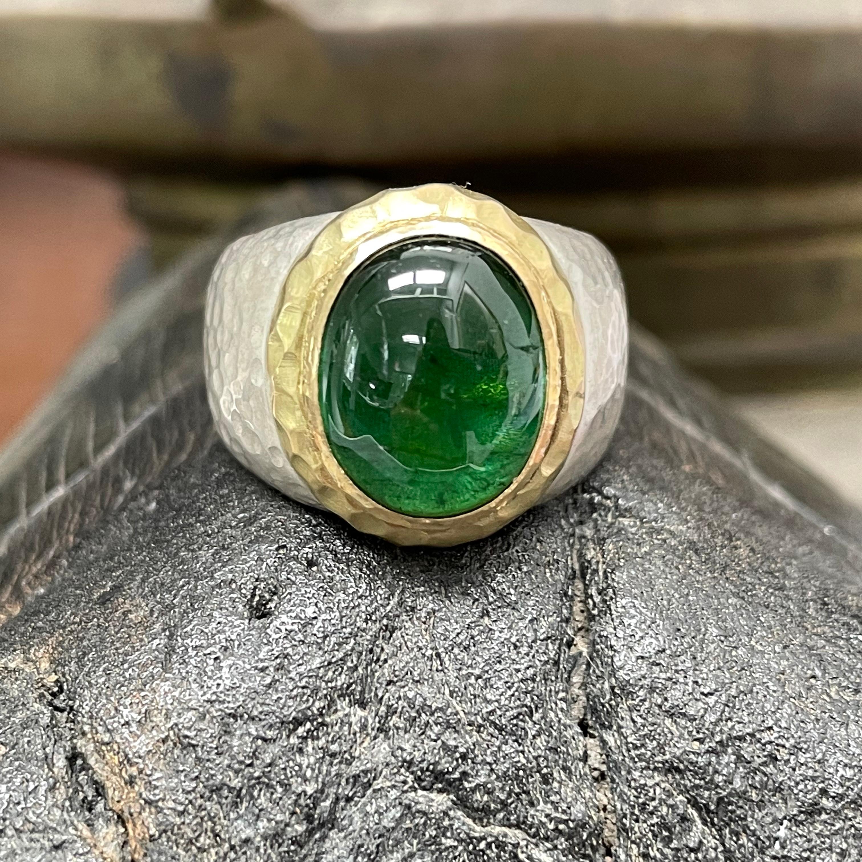 Steven Battelle 8.5 Carats Green Tourmaline Mens Silver / 18k Gold Ring 2