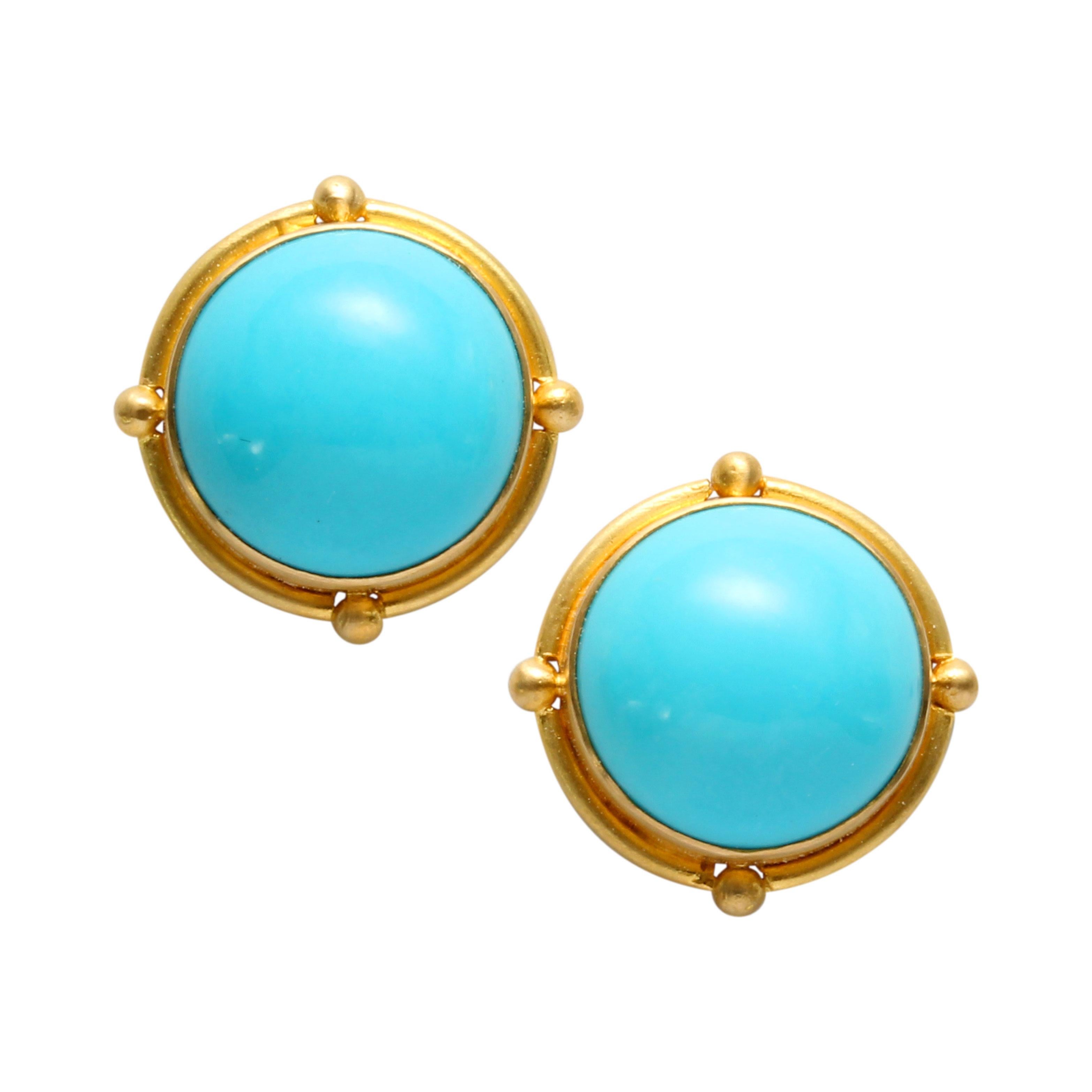 Steven Battelle 8.5 Carats Sleeping Beauty Turquoise 18K Gold Post Earrings For Sale