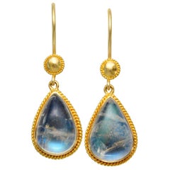 Steven Battelle 8.6 Carats Rainbow Moonstone Wire Dangle Earrings 18K Gold