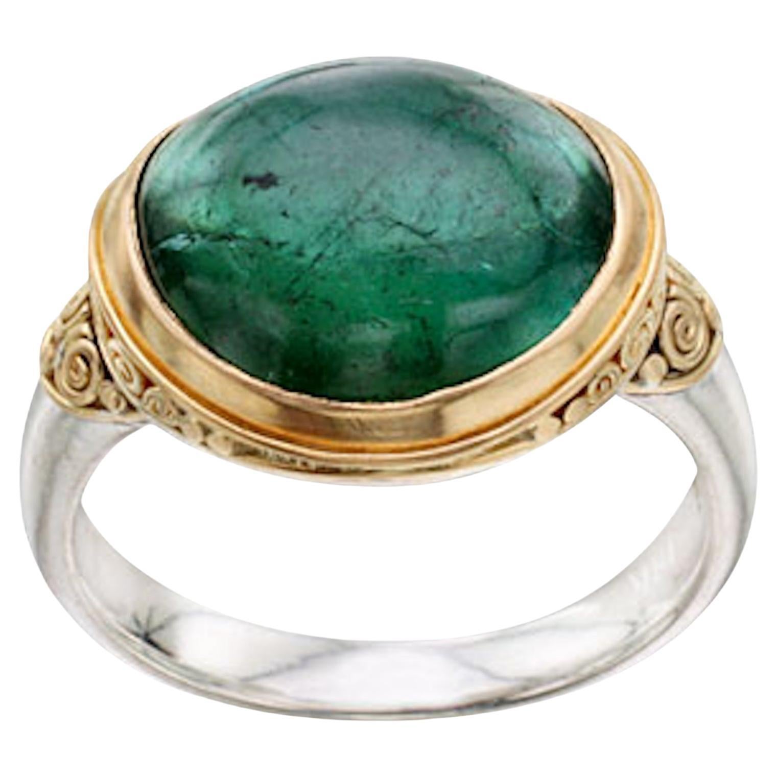 Steven Battelle 8.7 Carats Green Tourmaline Cabochon 18KGold/Sterling Ring