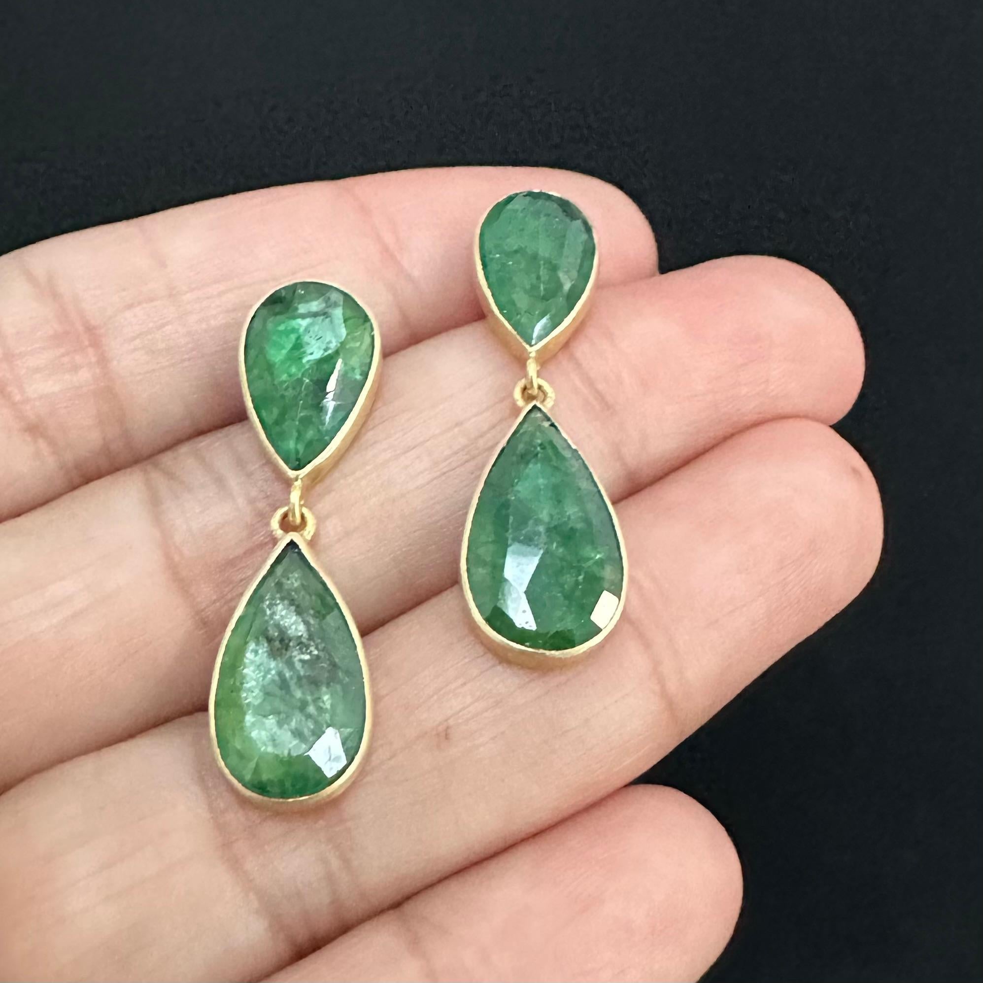 Pear Cut Steven Battelle 8.7 Carats Zambian Emeralds 18K Gold Post Earrings For Sale