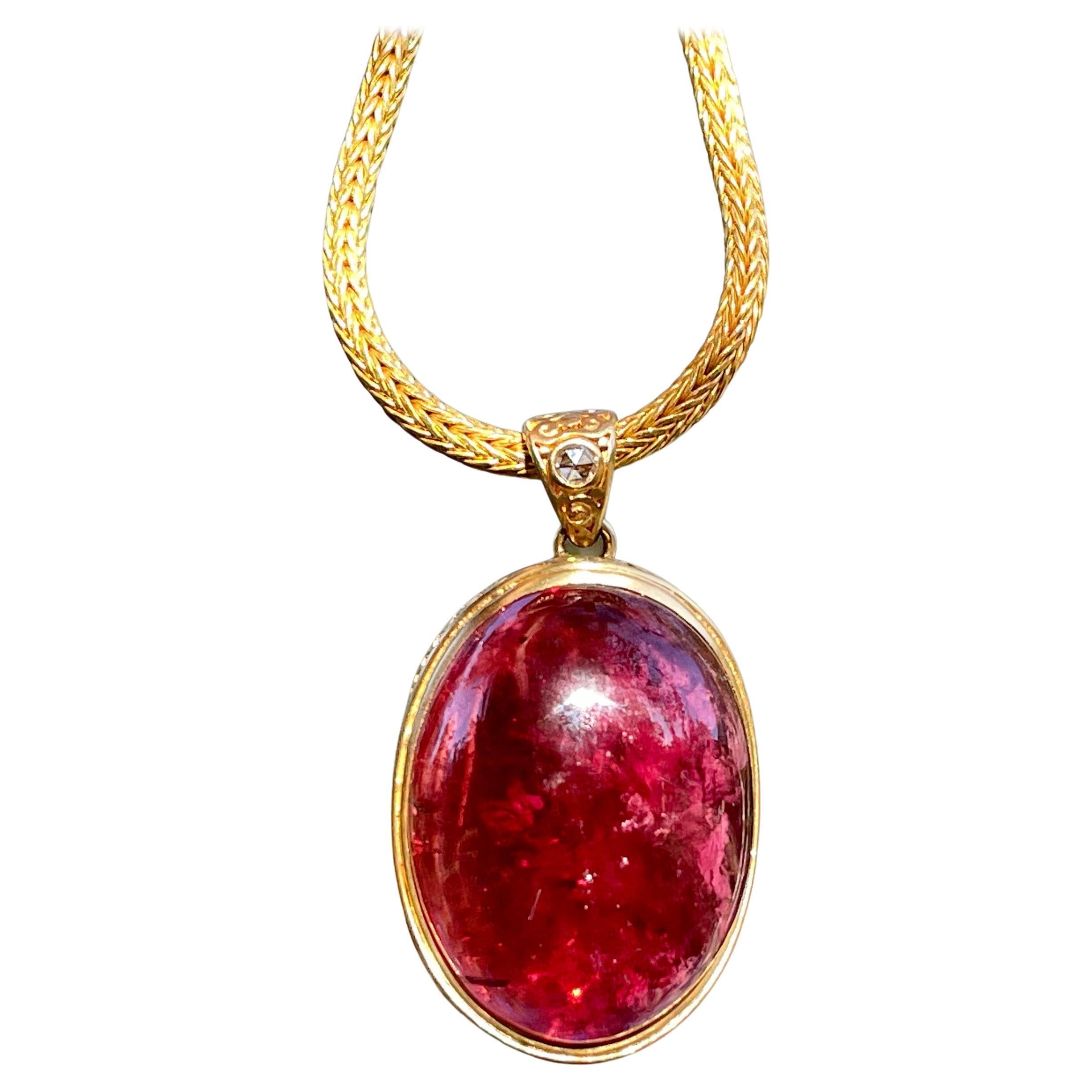Steven Battelle 88.7 Carat Pink Tourmaline Cabochon Diamond 18K Gold Pendant