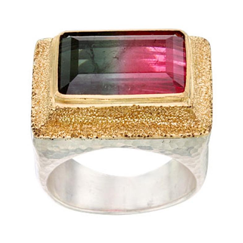 Taille octogone Steven Battelle, bague en or 18 carats, tourmaline melon d'eau 9,0 carats en vente