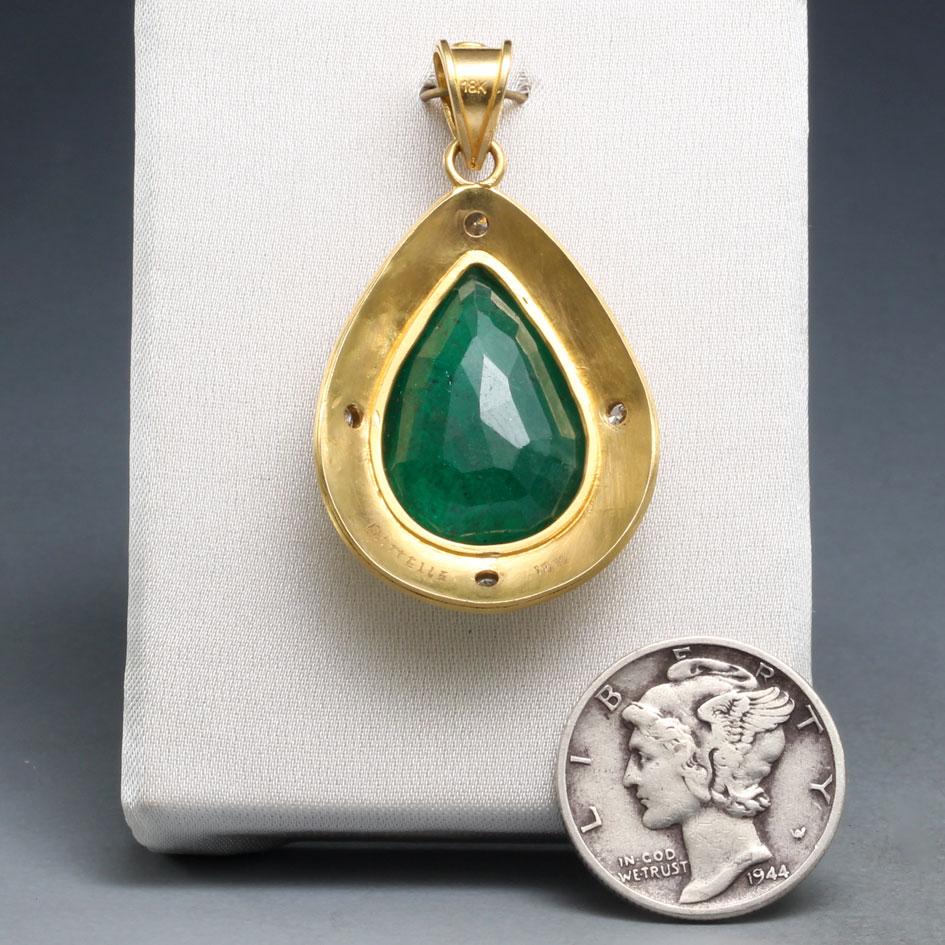 Rose Cut Steven Battelle 9.0 Carats Zambian Emerald Diamonds 18K Gold Pendant For Sale