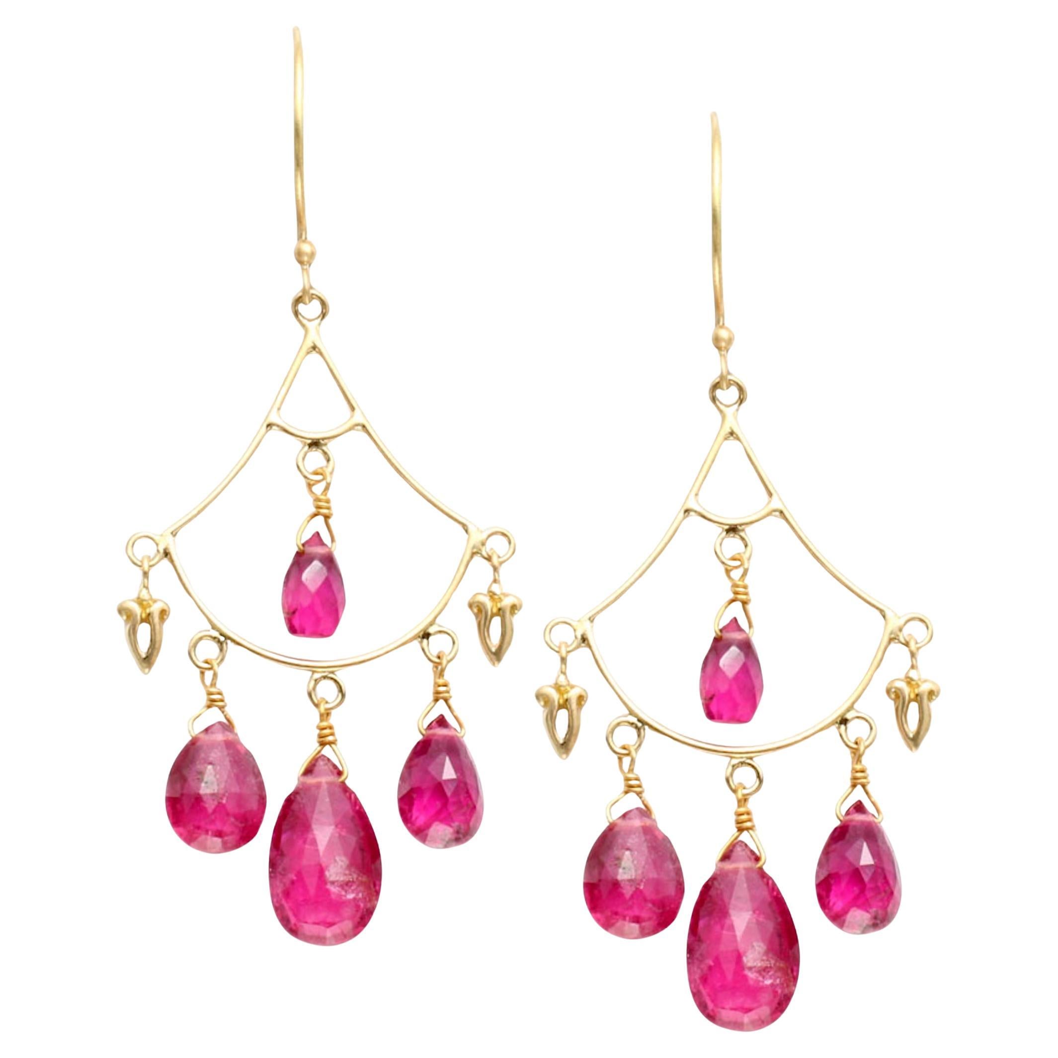 Steven Battelle 9.1 Carats Pink Tourmaline 18K Gold Chandelier Earrings