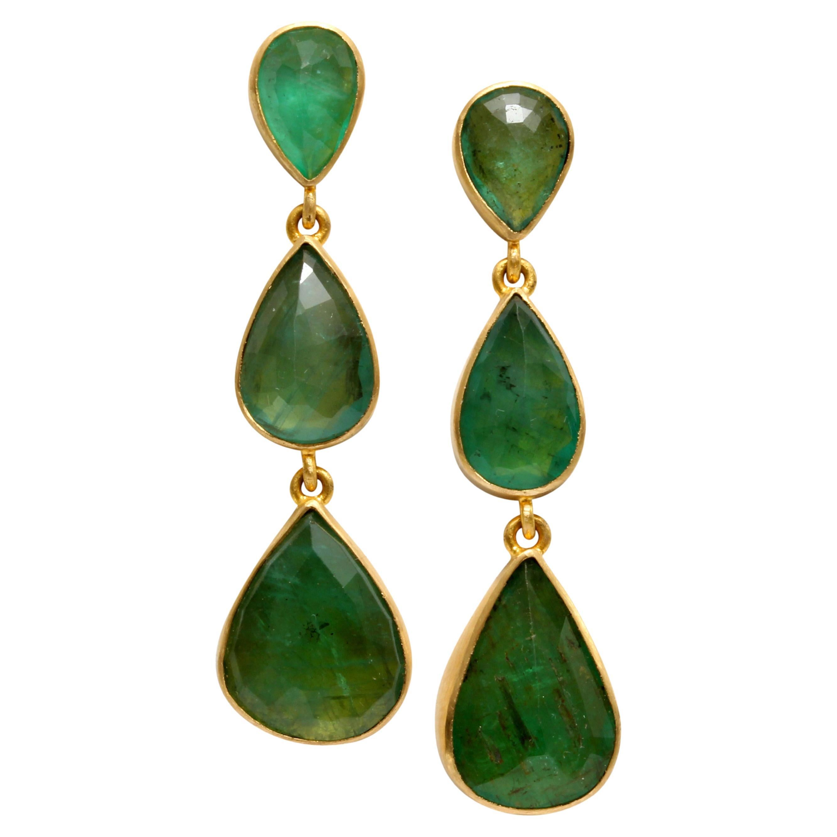 Steven Battelle 9.1 Carats Zambian Emerald 18K Gold Post Earrings For Sale