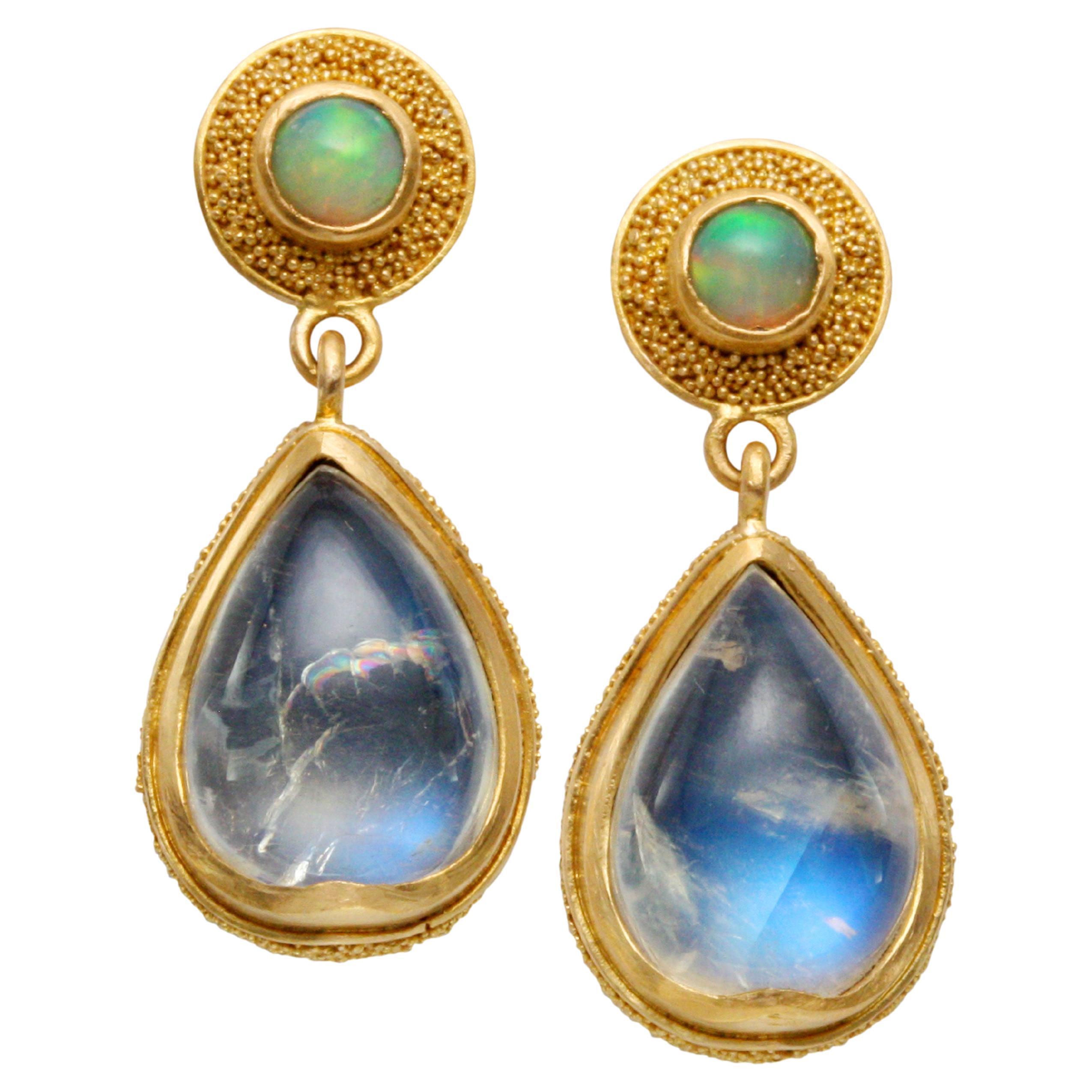 Steven Battelle 9.2 Carat Rainbow Moonstone Ethiopian Opal 22k Gold Post Earring For Sale