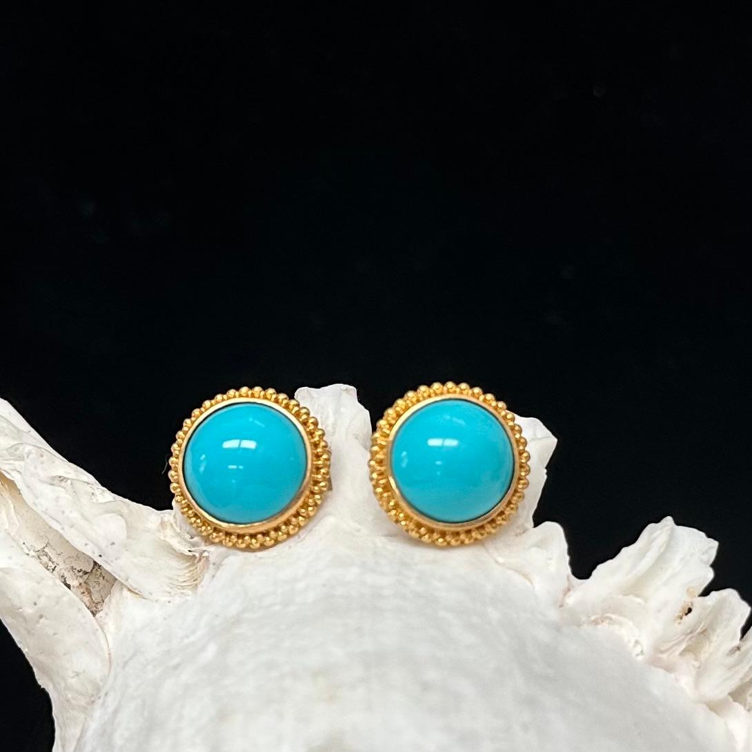 Steven Battelle 9.2 Carats Sleeping Beauty Turquoise 22K Gold Post Earrings For Sale 4